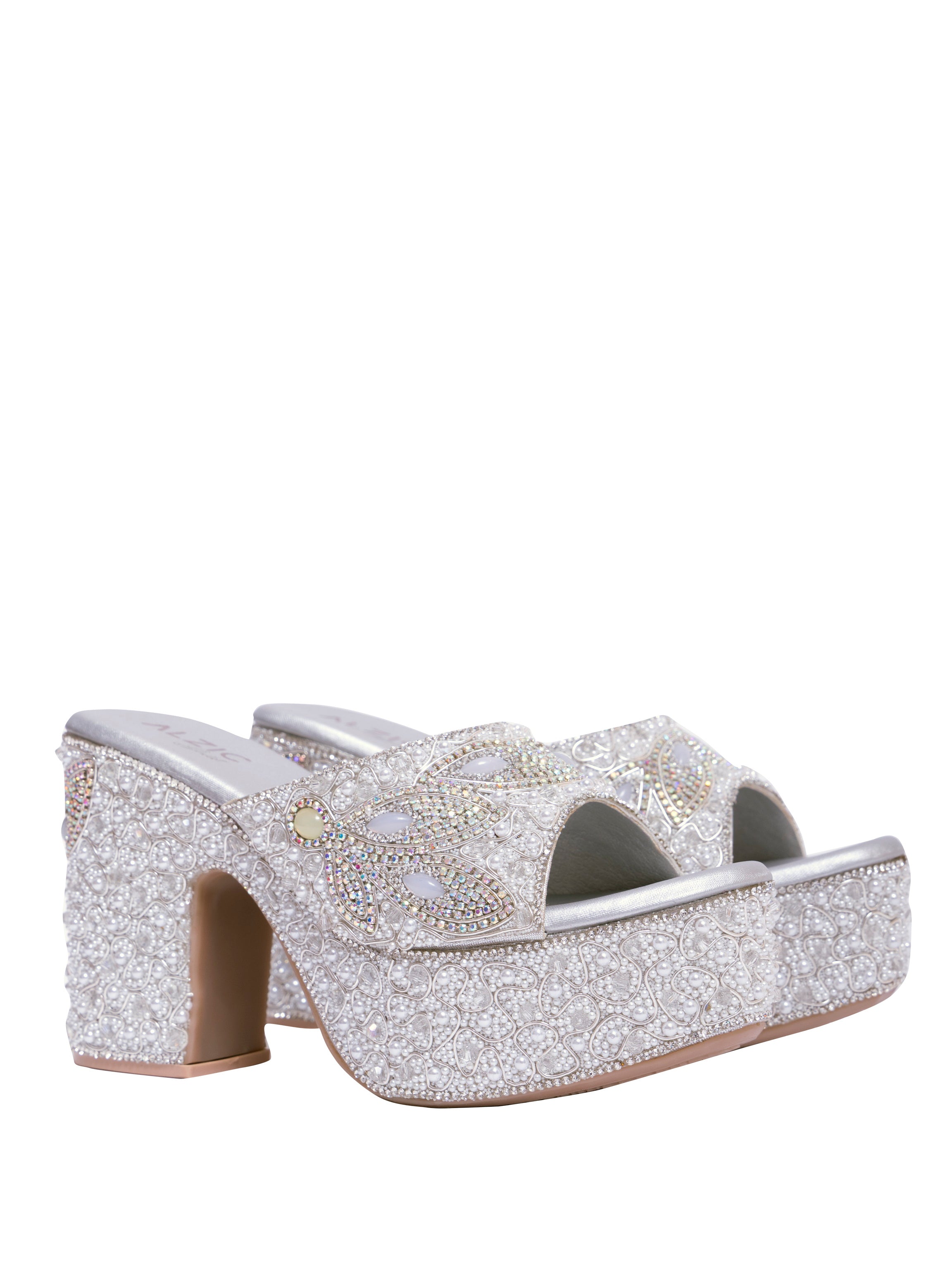 Luxury Pearl Embellished Silver Platform Heels