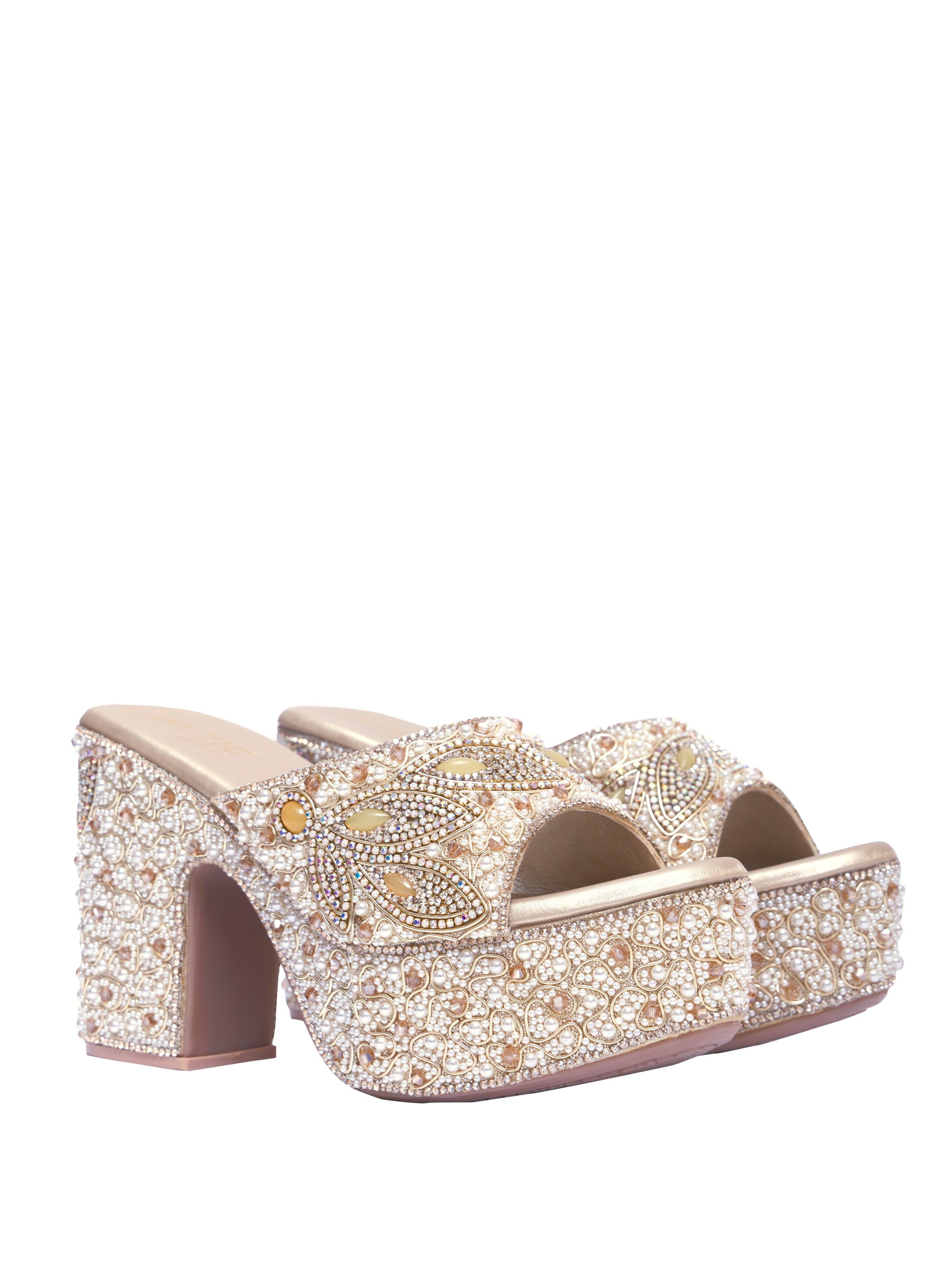 Luxury Pearl Embellished Golden Platform Heels