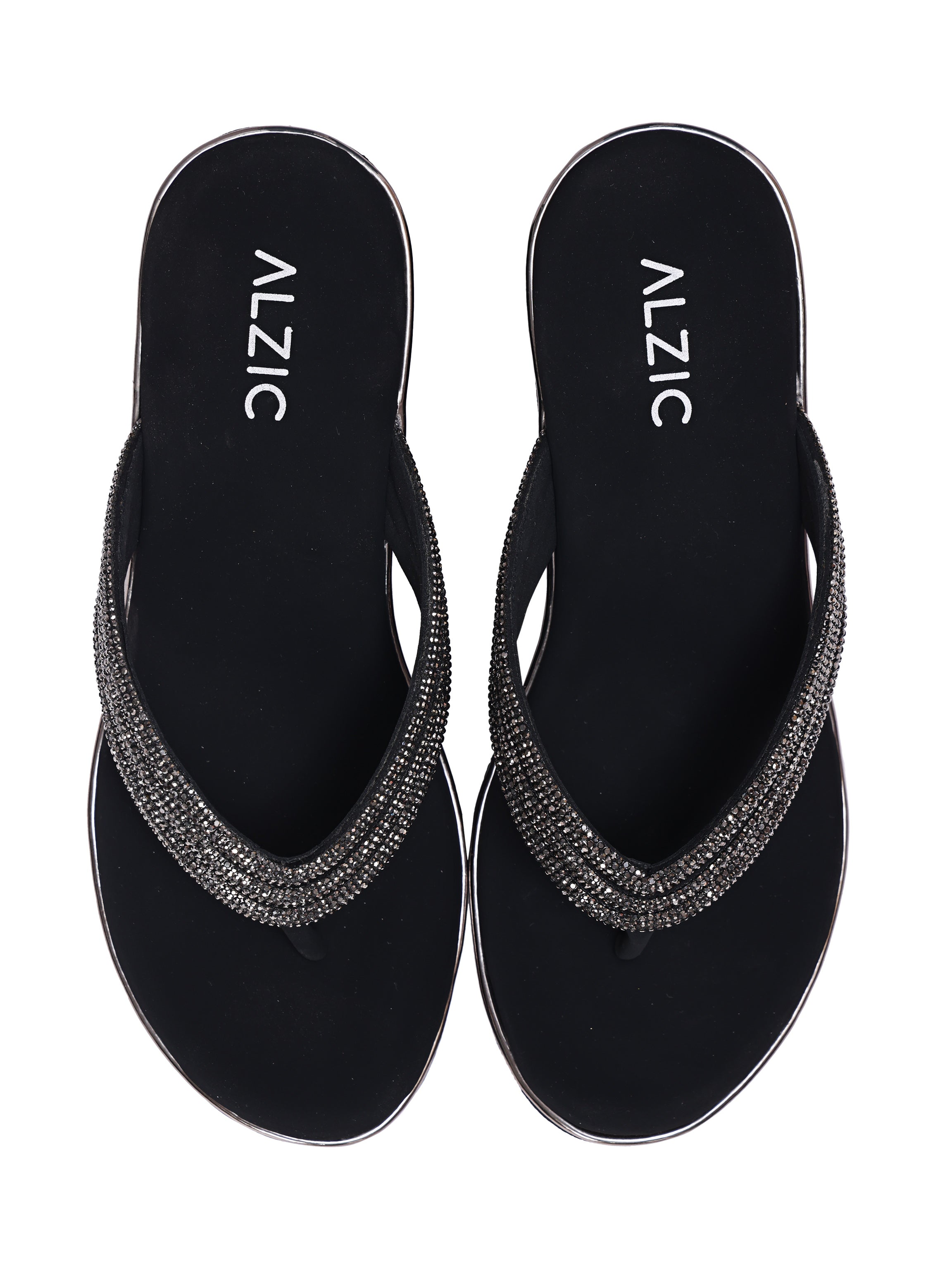 Women’s Black Rhinestone Toe Post Wedge Sandals – Comfortable Platform Slip-On Heels for Party, Festive & Ethnic Wear