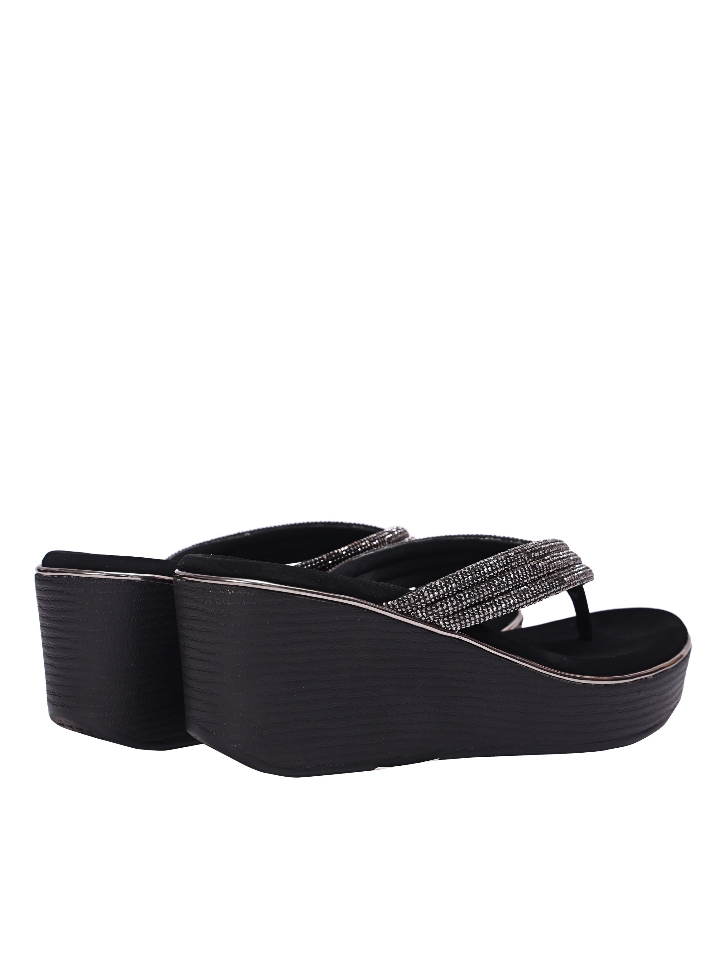 Women’s Black Rhinestone Toe Post Wedge Sandals – Comfortable Platform Slip-On Heels for Party, Festive & Ethnic Wear