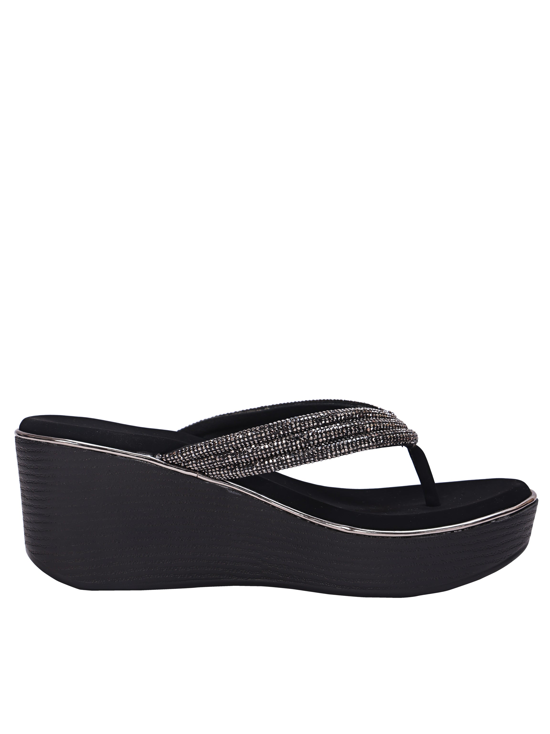 Women’s Black Rhinestone Toe Post Wedge Sandals – Comfortable Platform Slip-On Heels for Party, Festive & Ethnic Wear