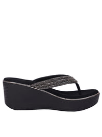 Women’s Black Rhinestone Toe Post Wedge Sandals – Comfortable Platform Slip-On Heels for Party, Festive & Ethnic Wear