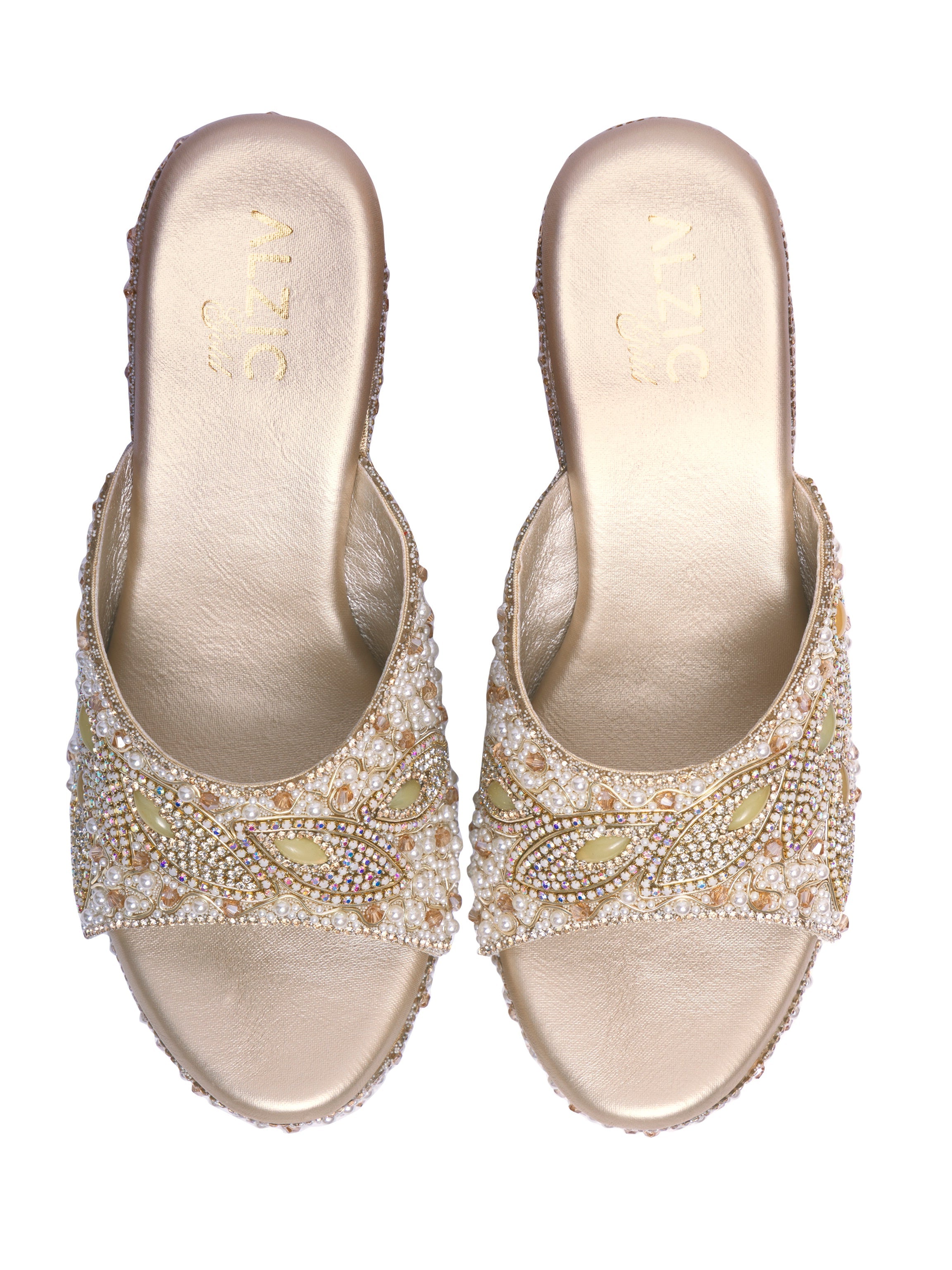 Luxury Pearl Embellished Golden Platform Heels