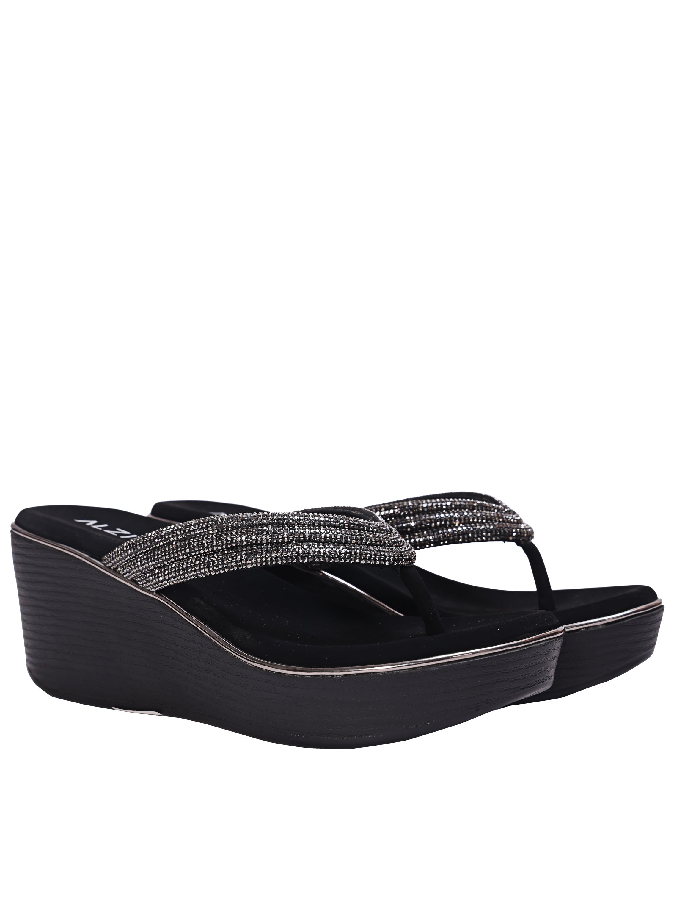 Women’s Black Rhinestone Toe Post Wedge Sandals – Comfortable Platform Slip-On Heels for Party, Festive & Ethnic Wear