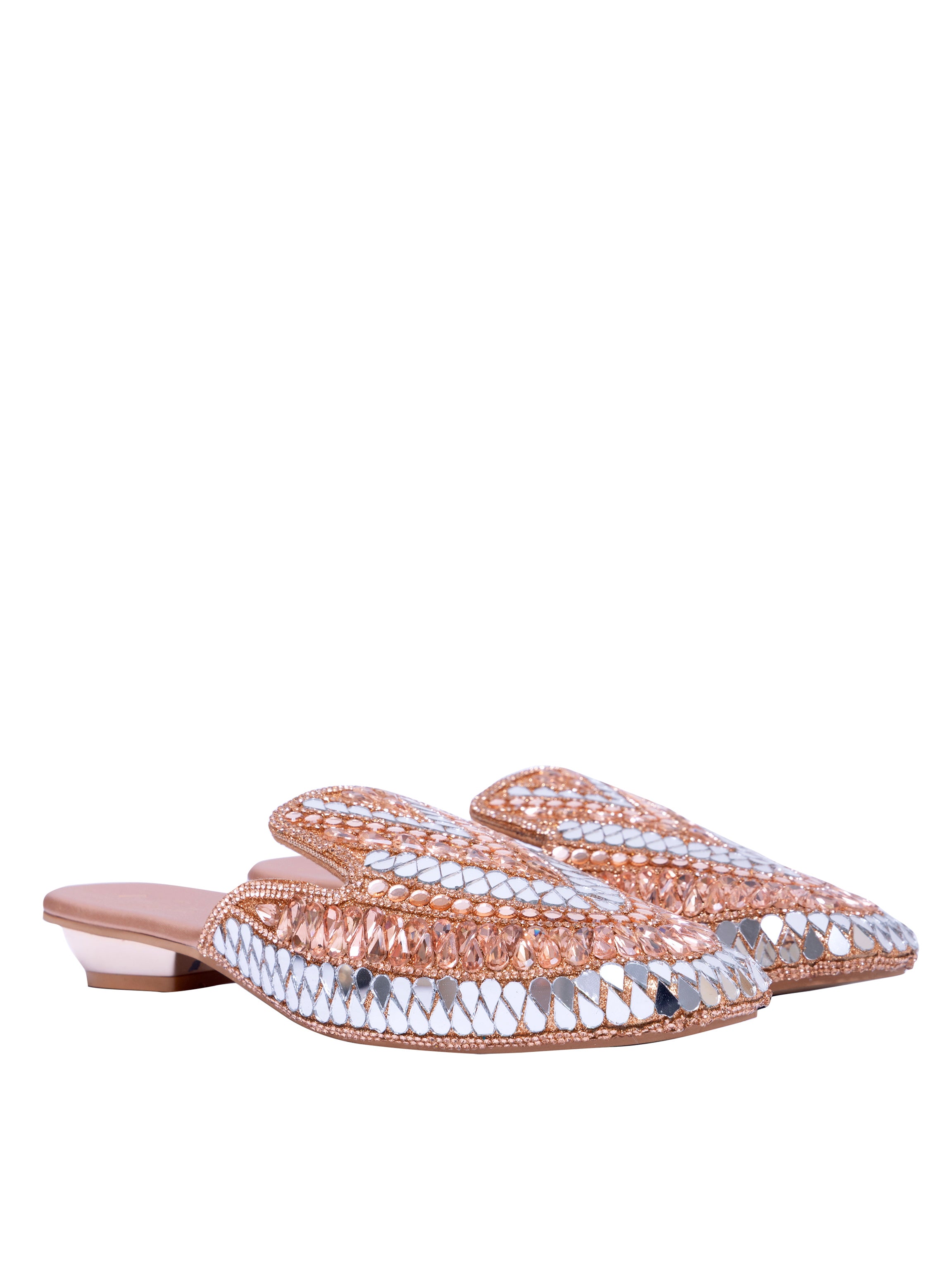 Women’s Embellished Rose Gold Mule Heels – Designer Mirror Work Slip-On Sandals | Ethnic Party Wear Wedding Footwear