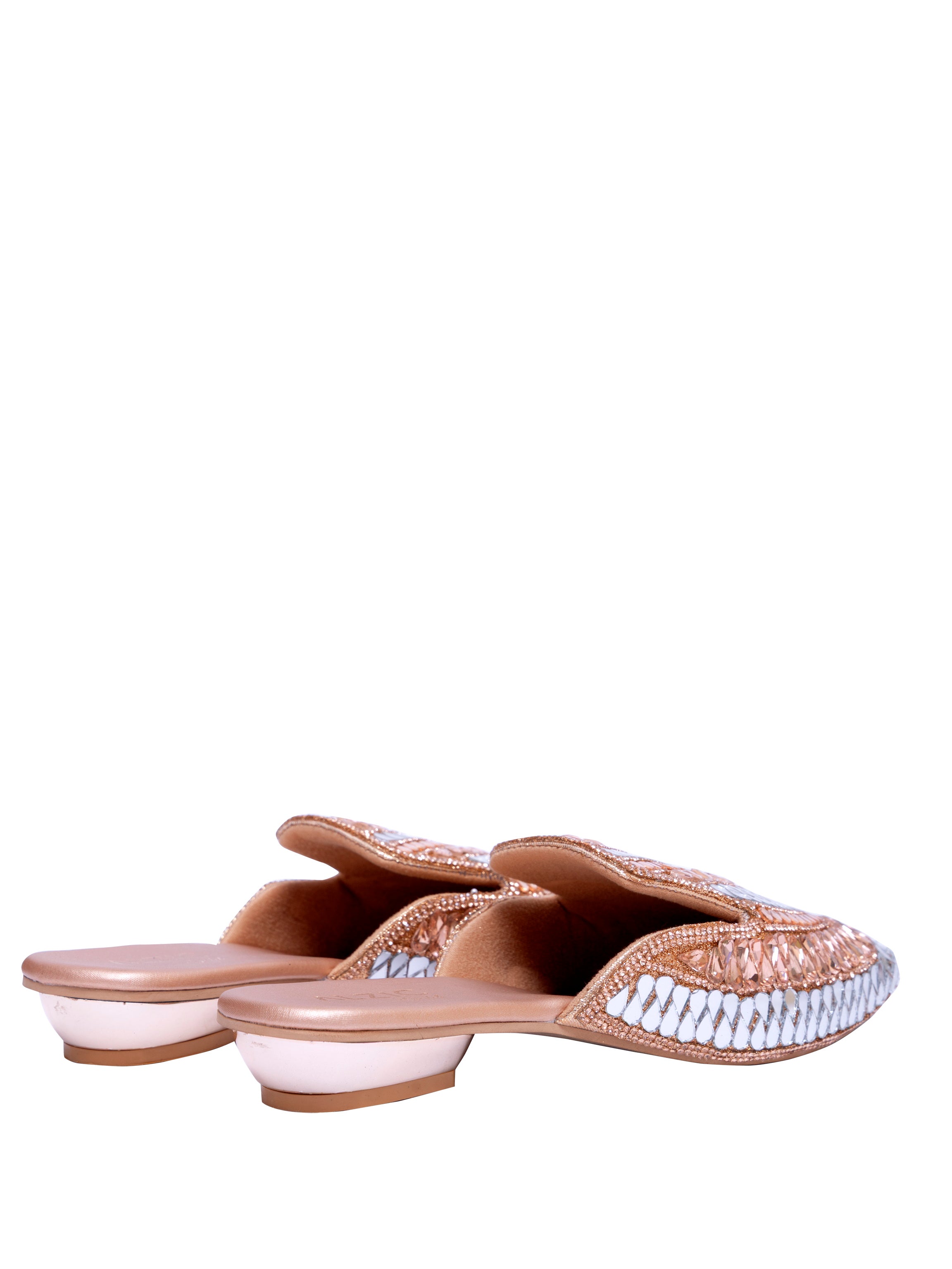 Women’s Embellished Rose Gold Mule Heels – Designer Mirror Work Slip-On Sandals | Ethnic Party Wear Wedding Footwear