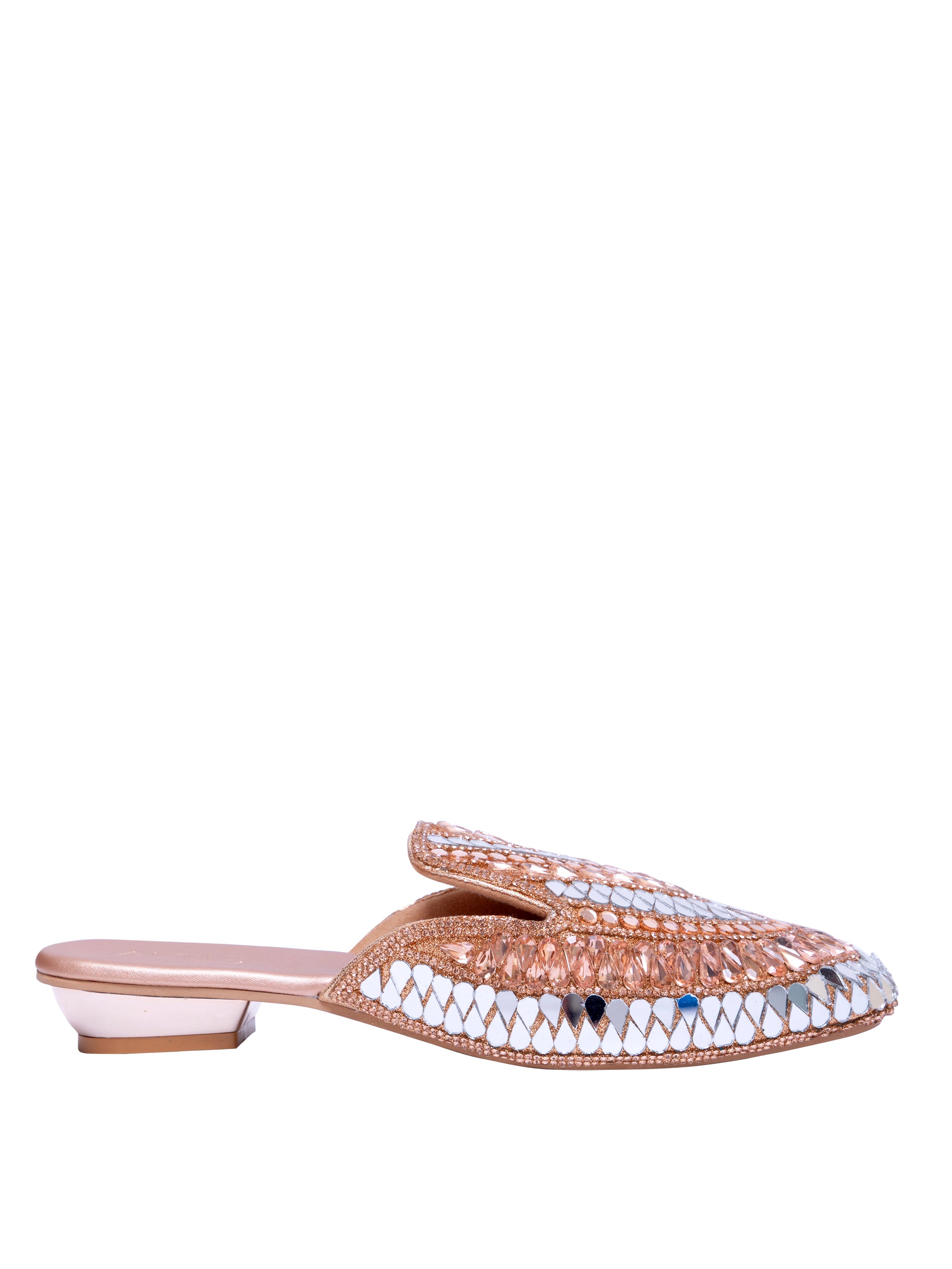 Women’s Embellished Rose Gold Mule Heels – Designer Mirror Work Slip-On Sandals | Ethnic Party Wear Wedding Footwear