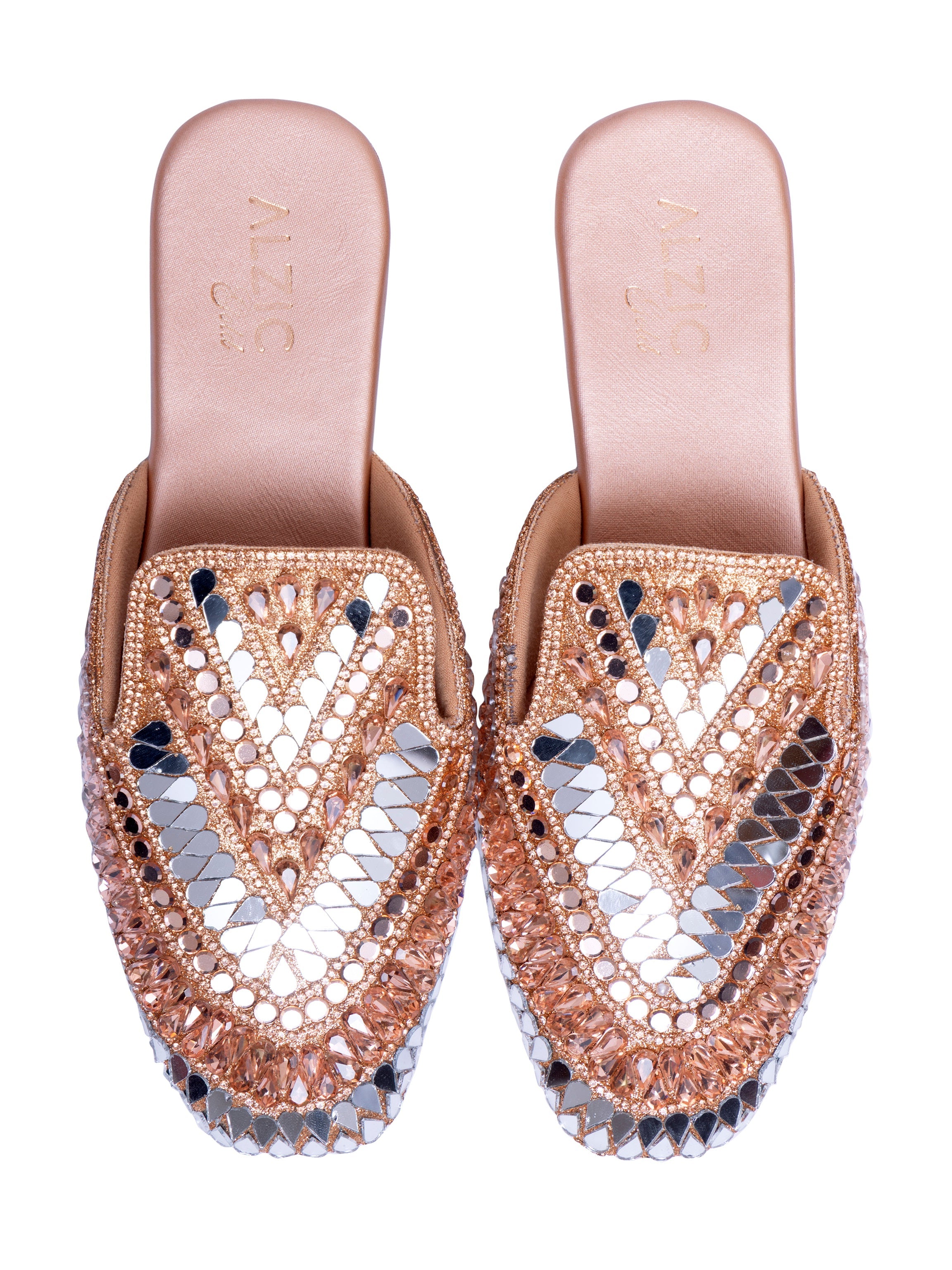 Women’s Embellished Rose Gold Mule Heels – Designer Mirror Work Slip-On Sandals | Ethnic Party Wear Wedding Footwear
