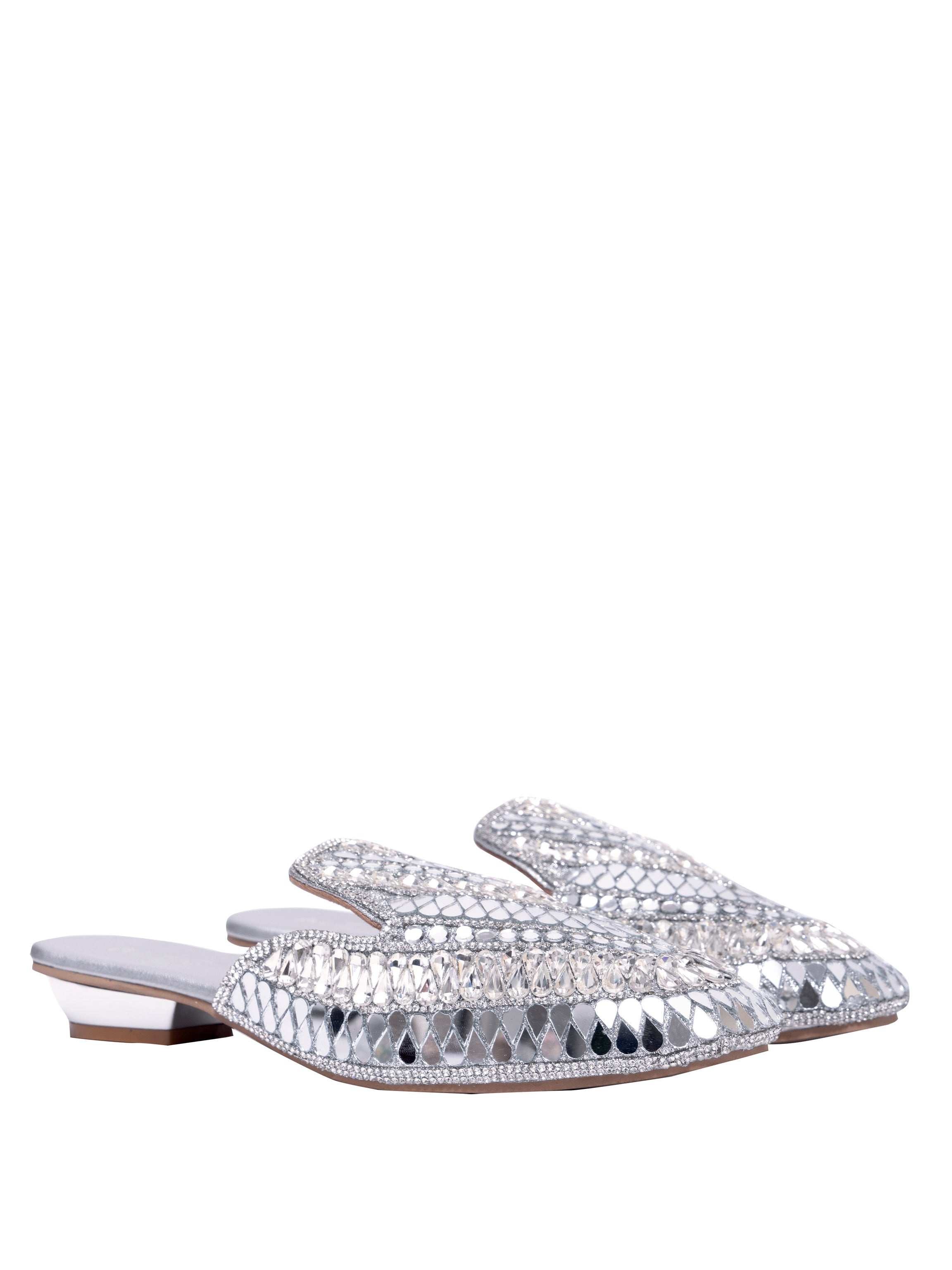 Women’s Embellished Silver Mule Heels – Designer Mirror Work Slip-On Sandals | Ethnic Party Wear Wedding Footwear