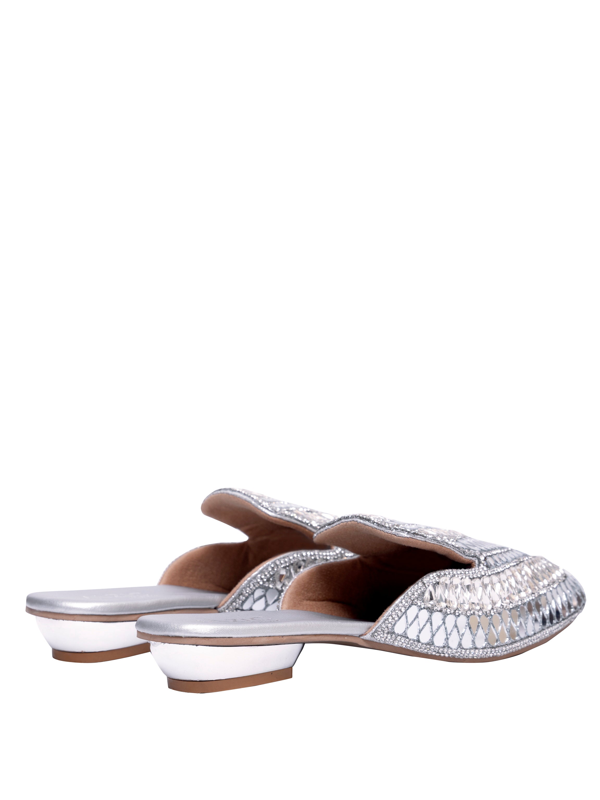 Women’s Embellished Silver Mule Heels – Designer Mirror Work Slip-On Sandals | Ethnic Party Wear Wedding Footwear