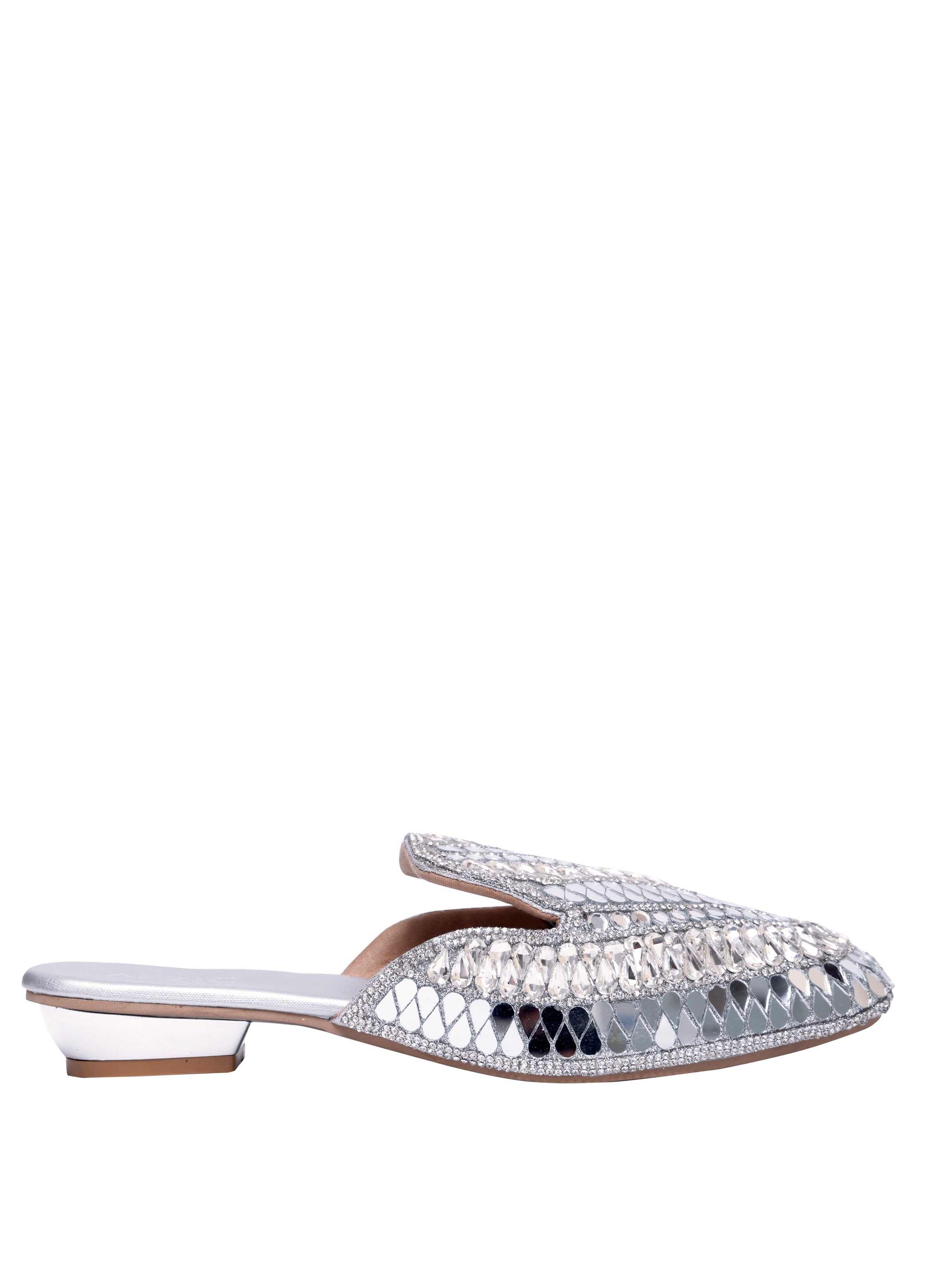 Women’s Embellished Silver Mule Heels – Designer Mirror Work Slip-On Sandals | Ethnic Party Wear Wedding Footwear
