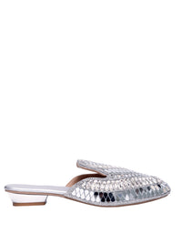 Women’s Embellished Silver Mule Heels – Designer Mirror Work Slip-On Sandals | Ethnic Party Wear Wedding Footwear
