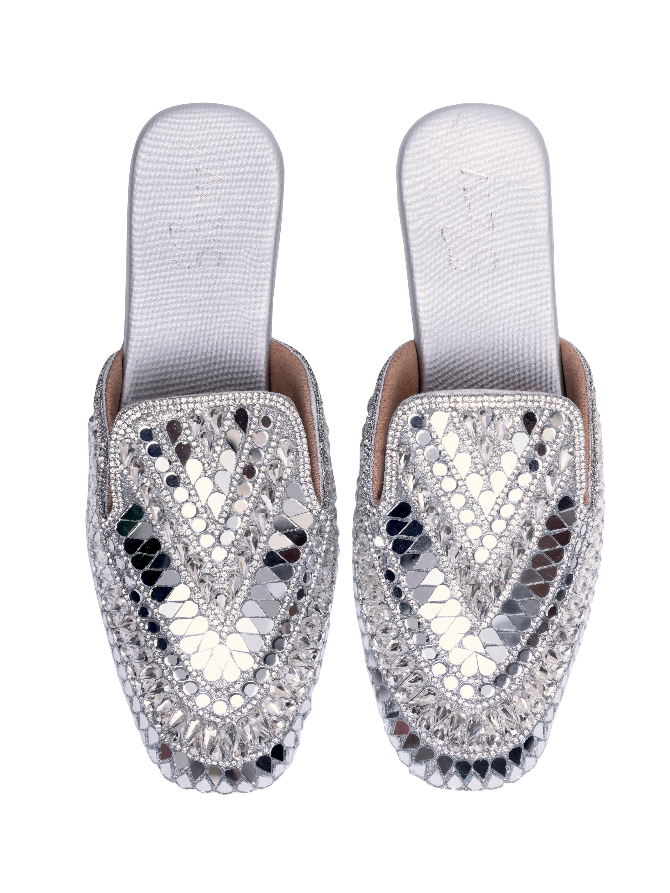 Women’s Embellished Silver Mule Heels – Designer Mirror Work Slip-On Sandals | Ethnic Party Wear Wedding Footwear