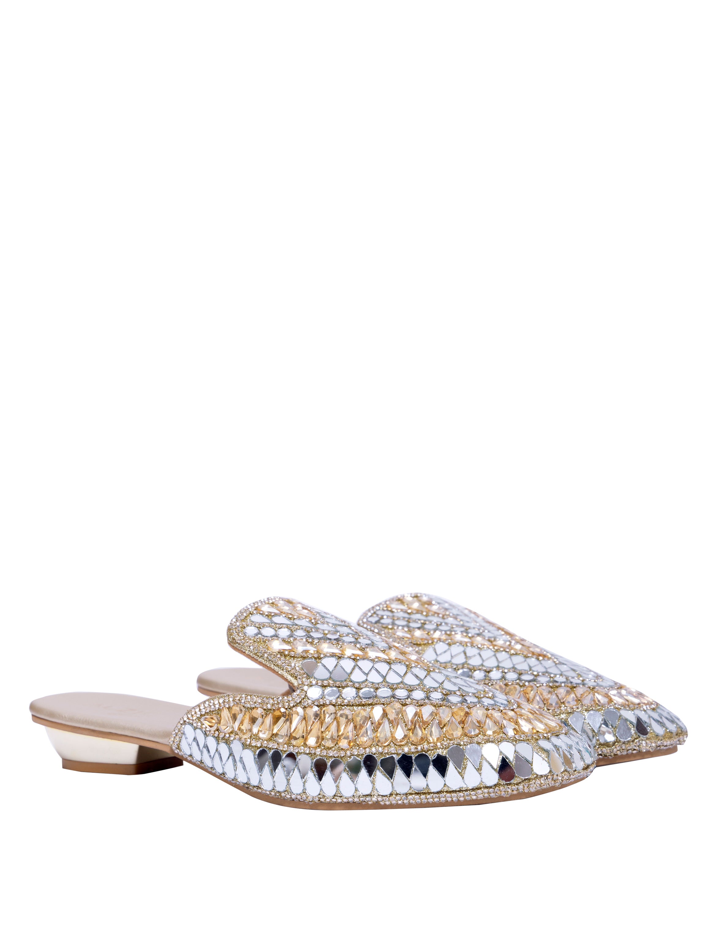 Women’s Embellished Gold Mule Heels – Designer Mirror Work Slip-On Sandals | Ethnic Party Wear Wedding Footwear