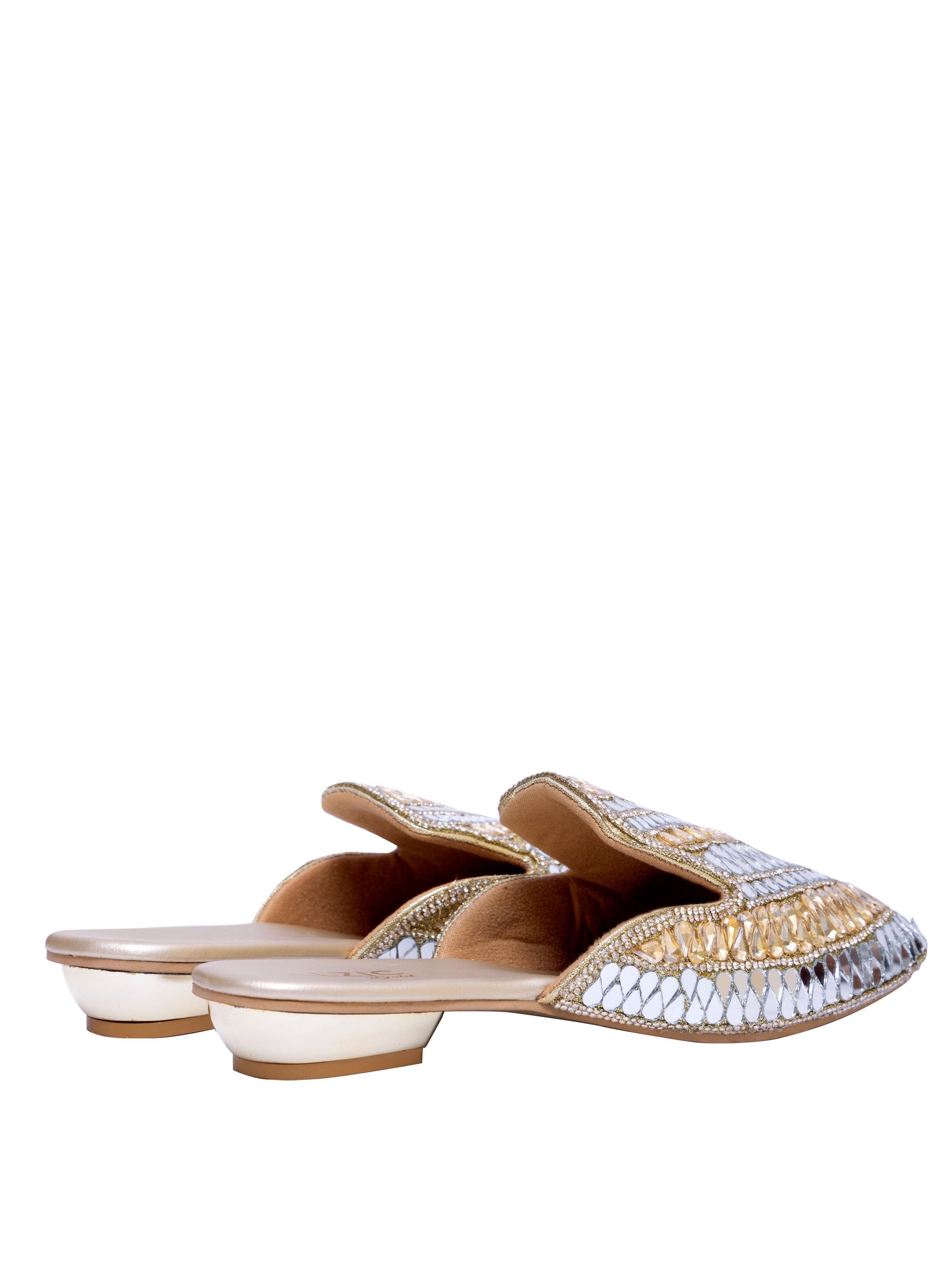 Women’s Embellished Gold Mule Heels – Designer Mirror Work Slip-On Sandals | Ethnic Party Wear Wedding Footwear
