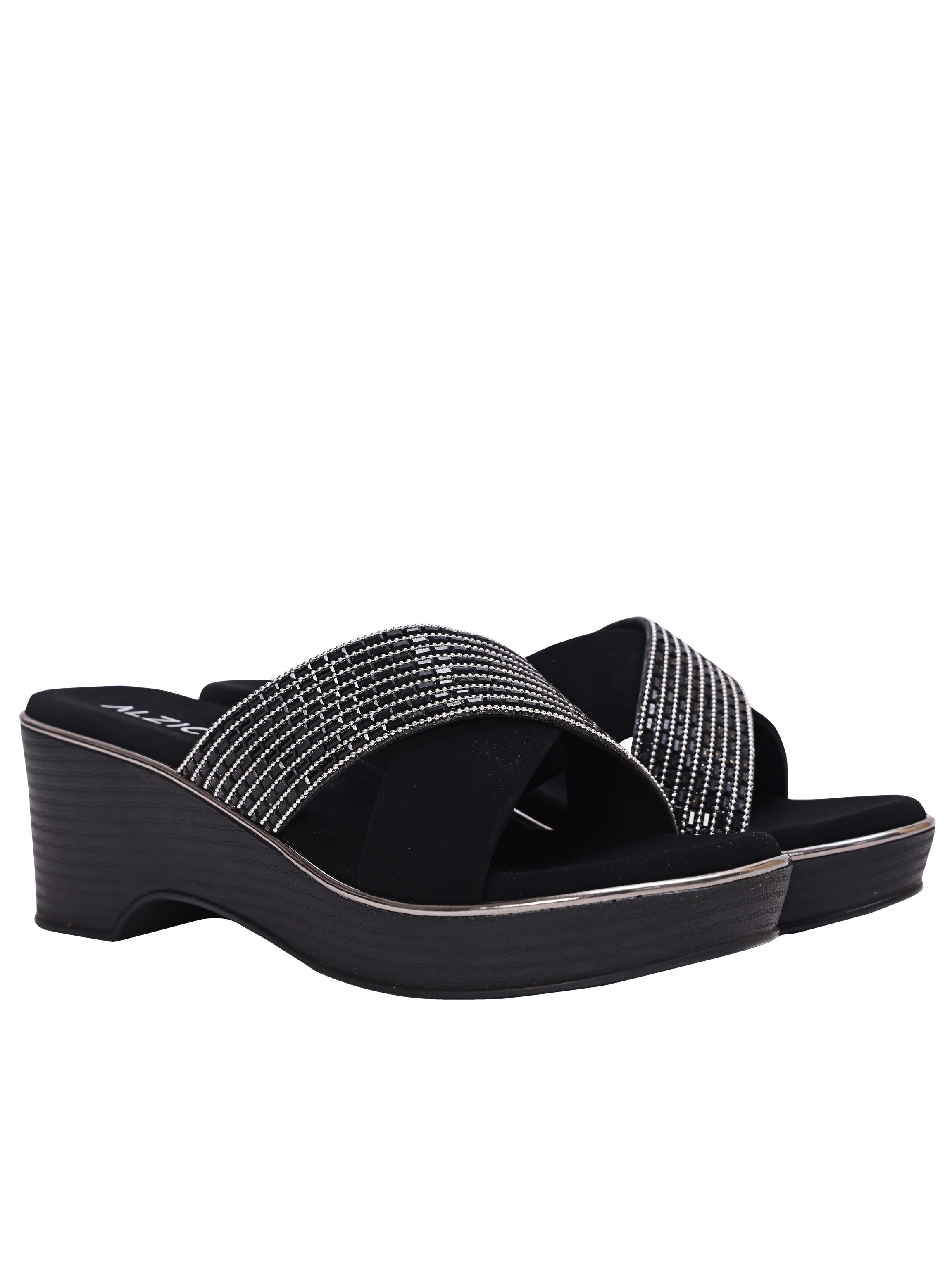 Women’s Black Rhinestone Cross Strap Wedge Sandals – Comfortable Platform Slip-On Heels for Party & Daily Wear
