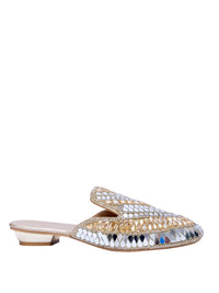 Women’s Embellished Gold Mule Heels – Designer Mirror Work Slip-On Sandals | Ethnic Party Wear Wedding Footwear