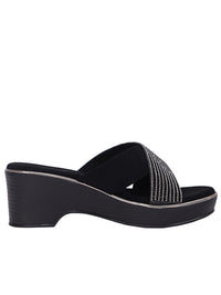 Women’s Black Rhinestone Cross Strap Wedge Sandals – Comfortable Platform Slip-On Heels for Party & Daily Wear