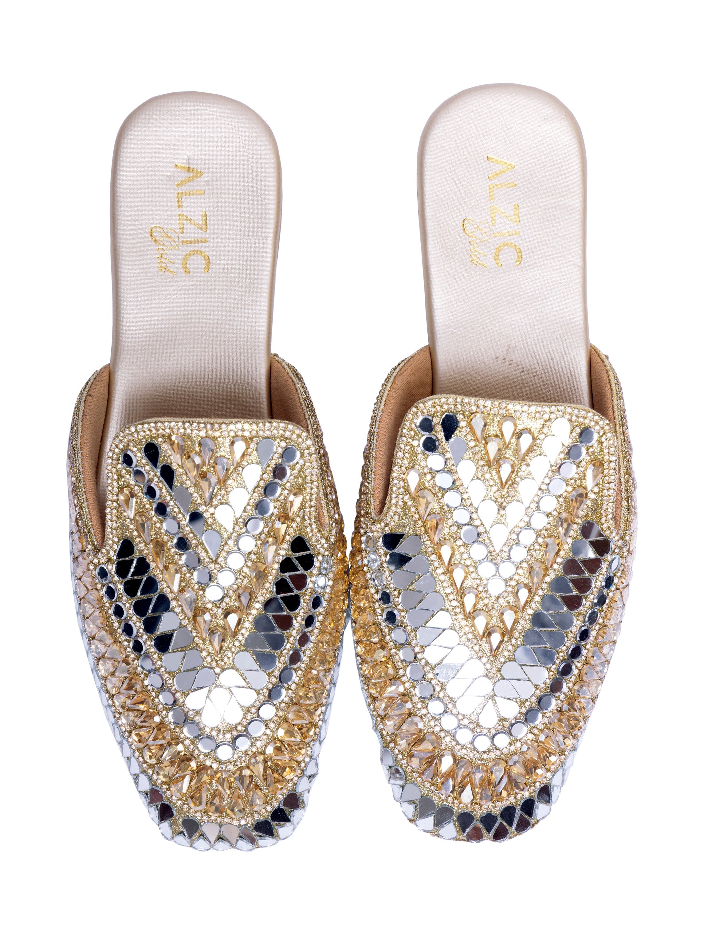 Women’s Embellished Gold Mule Heels – Designer Mirror Work Slip-On Sandals | Ethnic Party Wear Wedding Footwear