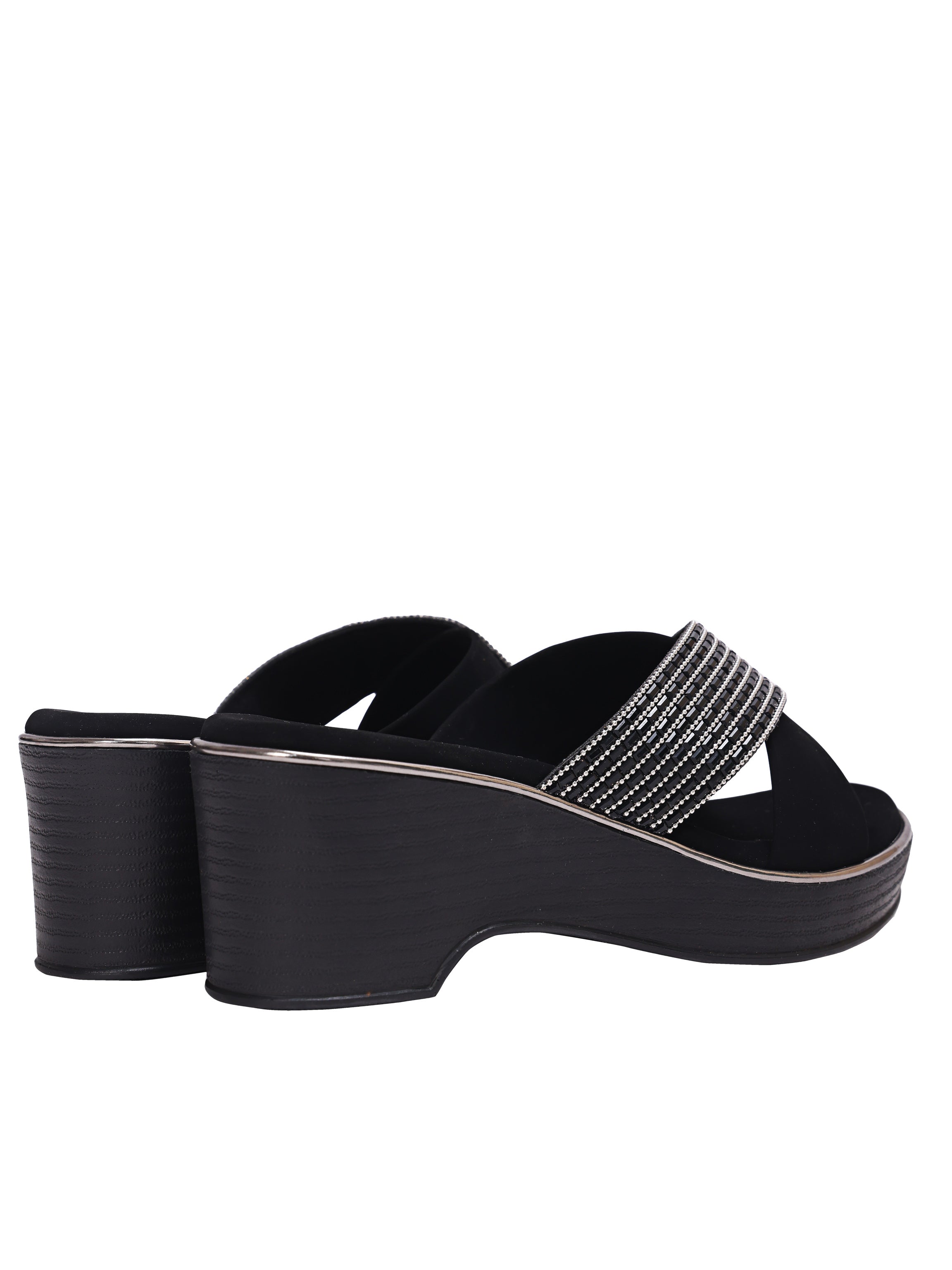 Women’s Black Rhinestone Cross Strap Wedge Sandals – Comfortable Platform Slip-On Heels for Party & Daily Wear
