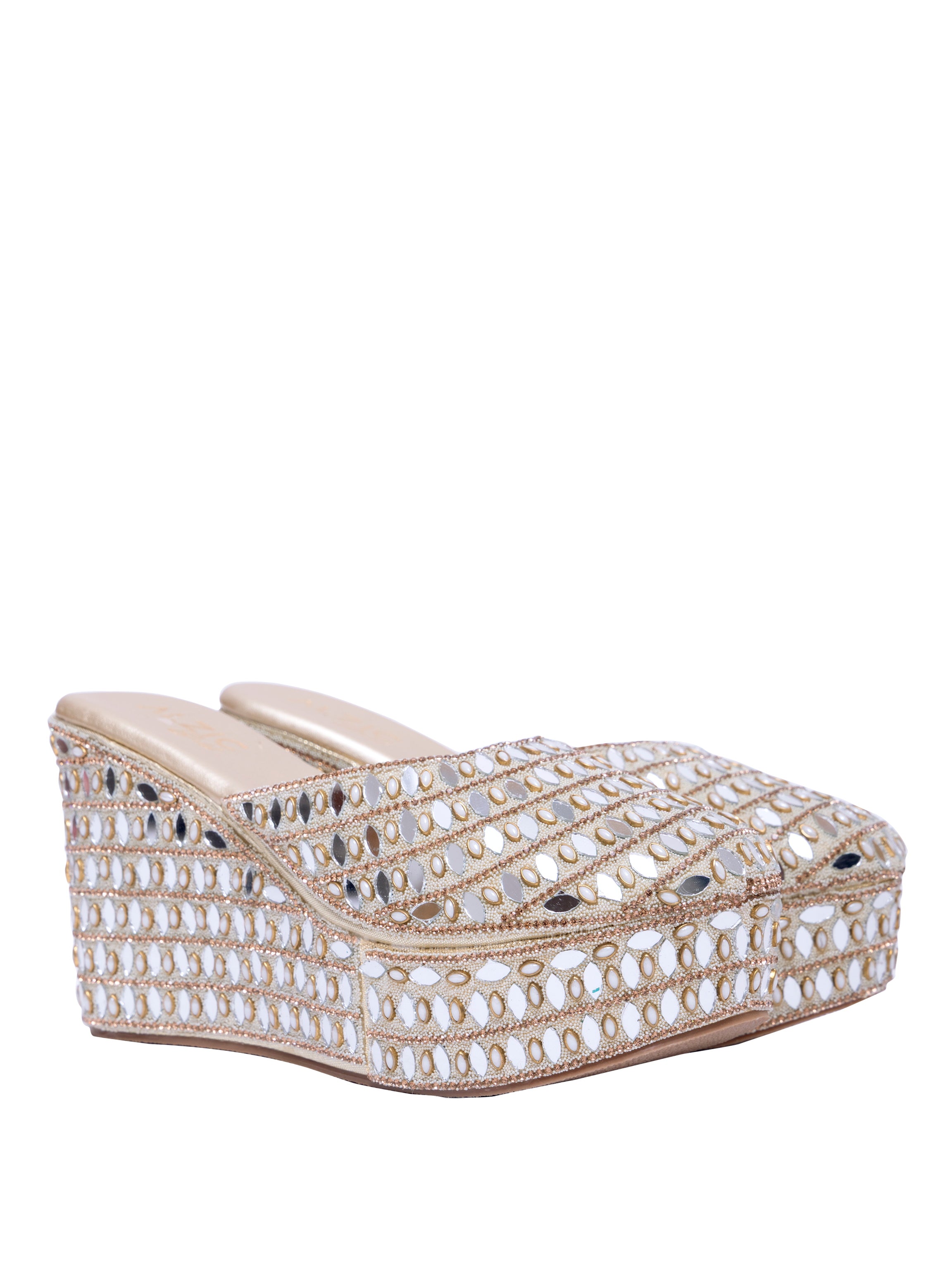 Handcrafted Mirror Work Platform Wedge Mules for Women | Bridal & Festive Ethnic Slip-On Heels
