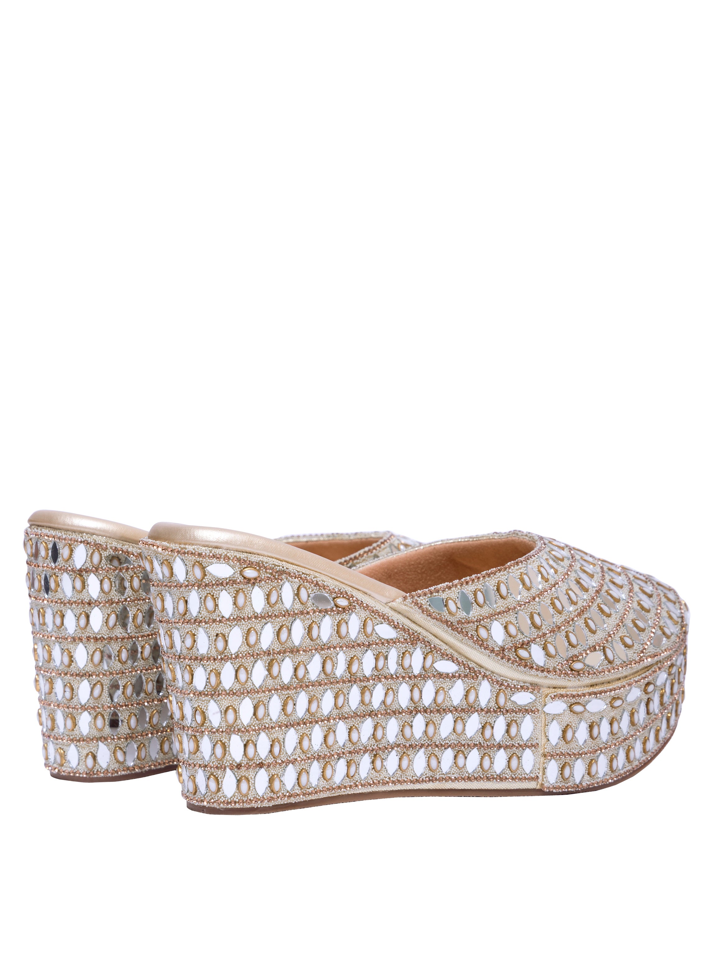 Handcrafted Mirror Work Platform Wedge Mules for Women | Bridal & Festive Ethnic Slip-On Heels
