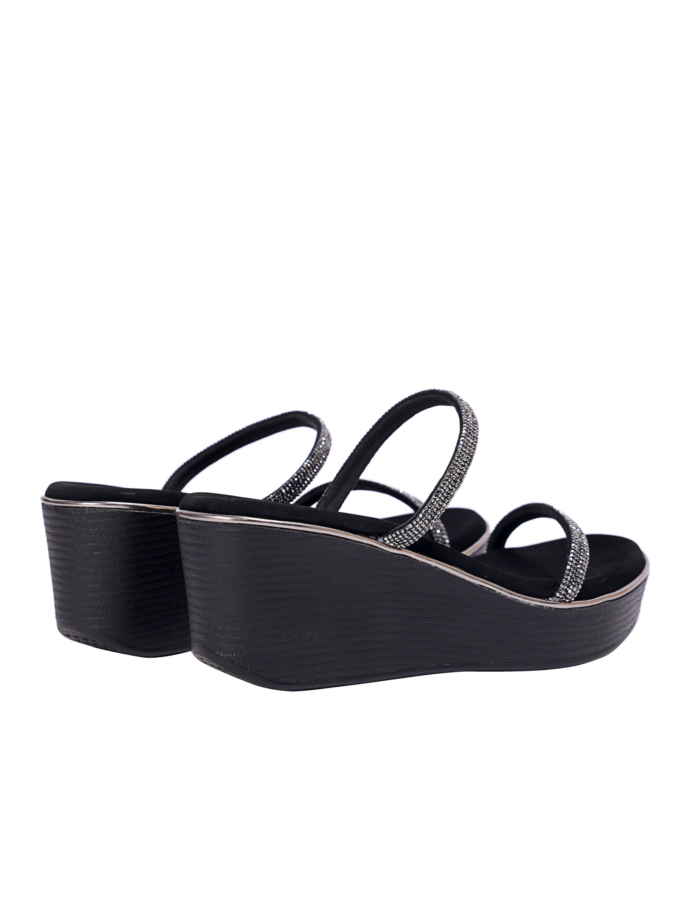 Noir Shimmer Multi-Strap Wedge Sandals