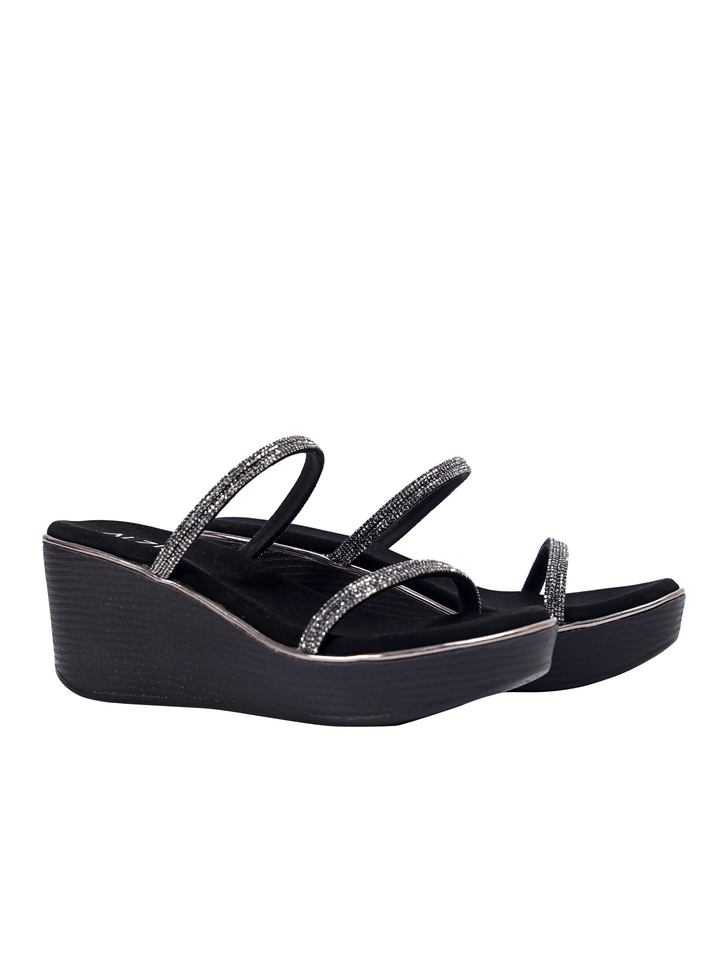 Noir Shimmer Multi-Strap Wedge Sandals