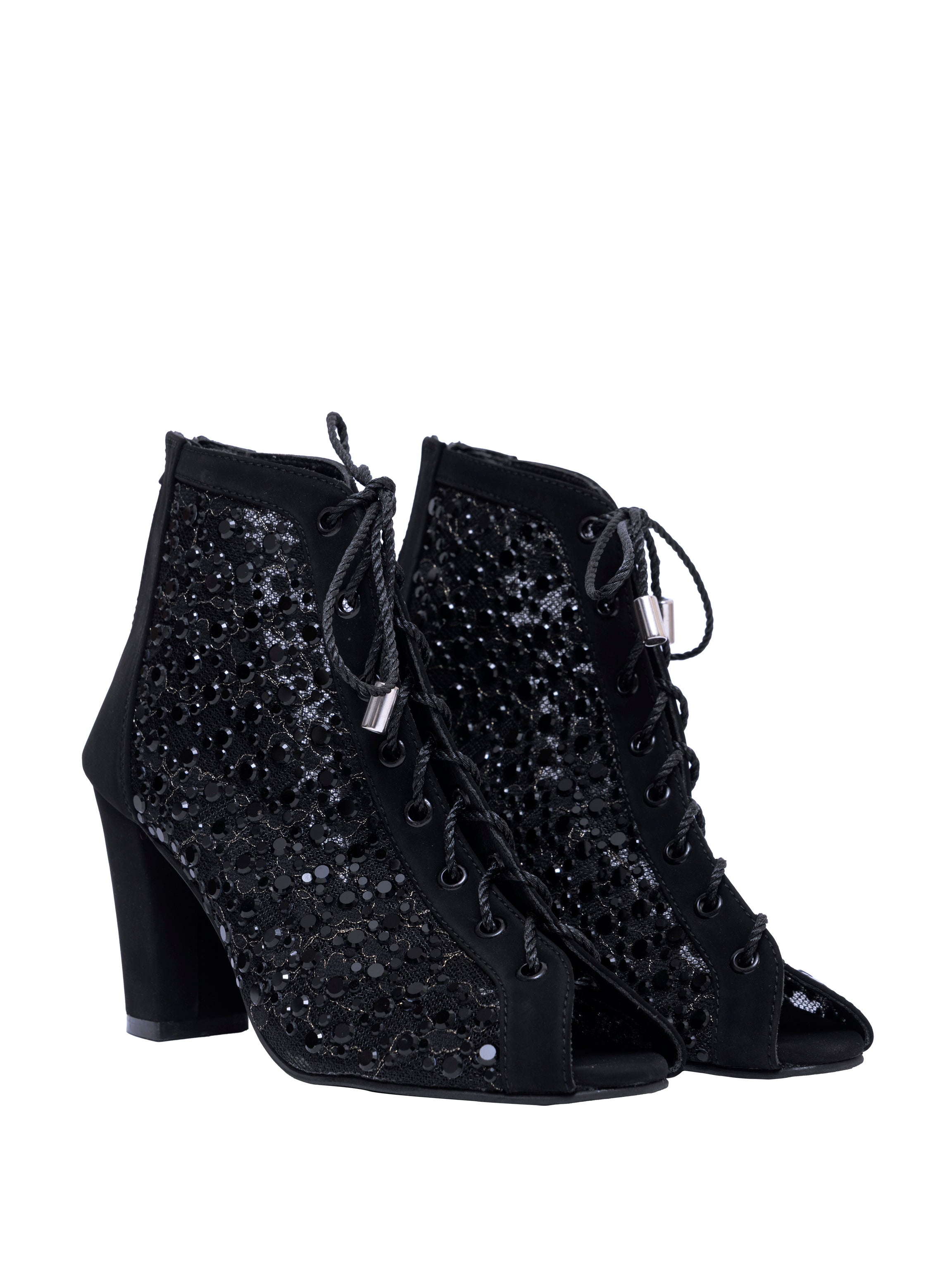 Luxe Mesh Balck Lace-Up Block Heels