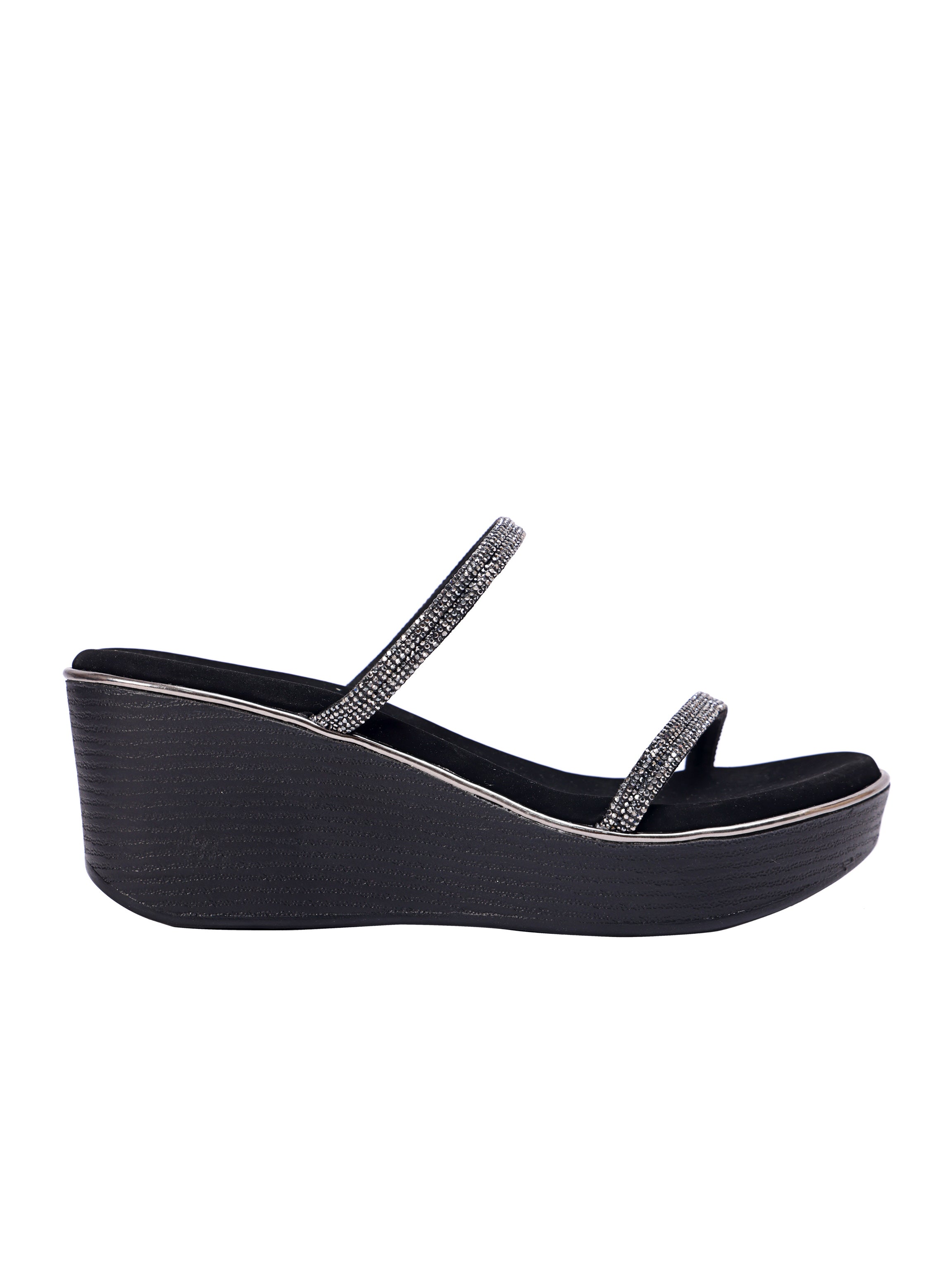 Noir Shimmer Multi-Strap Wedge Sandals