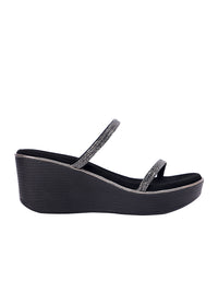 Noir Shimmer Multi-Strap Wedge Sandals