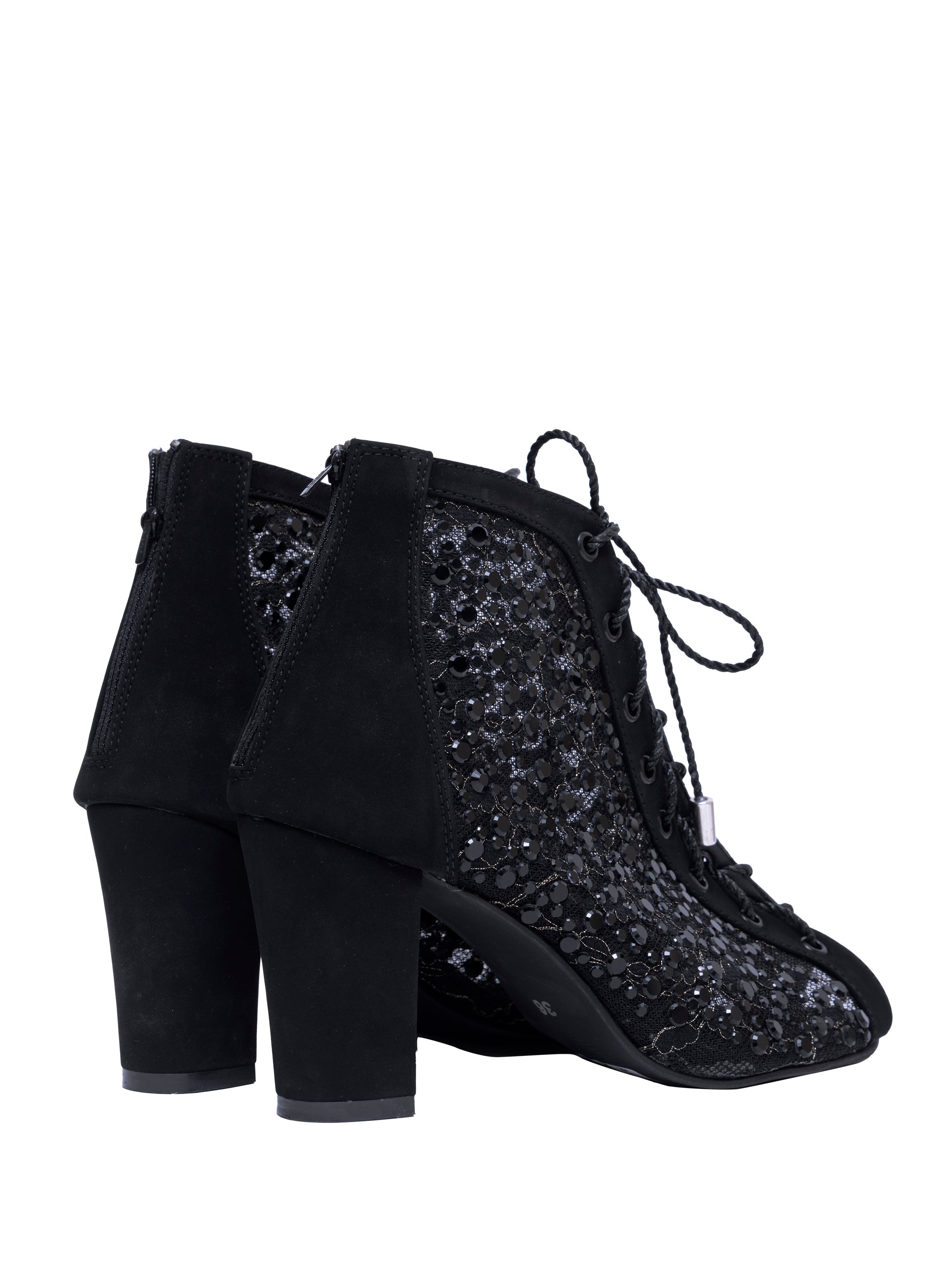 Luxe Mesh Balck Lace-Up Block Heels