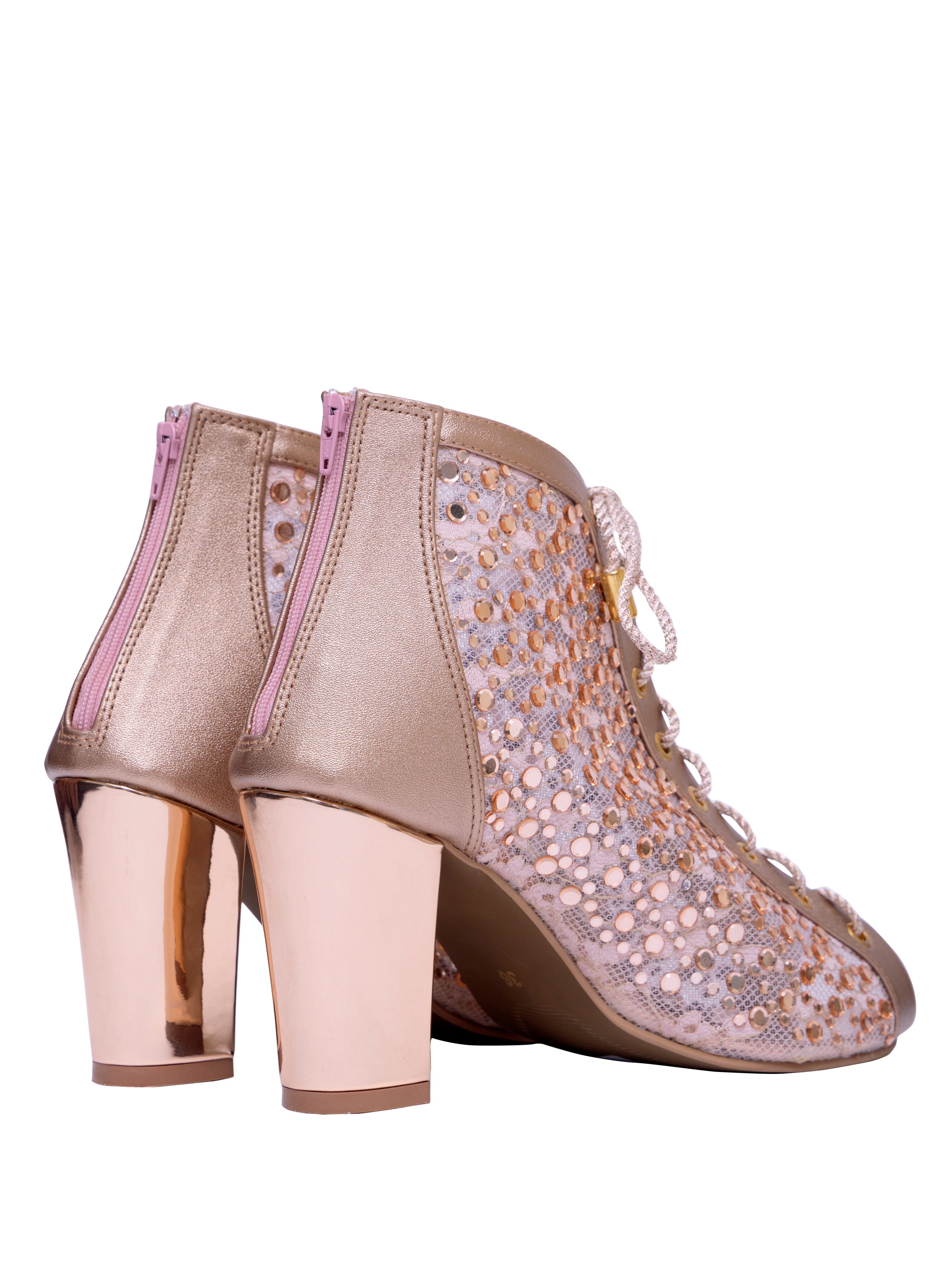 Luxe Mesh Rose Gold Lace-Up Block Heels
