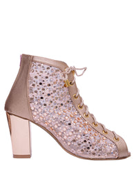 Luxe Mesh Rose Gold Lace-Up Block Heels
