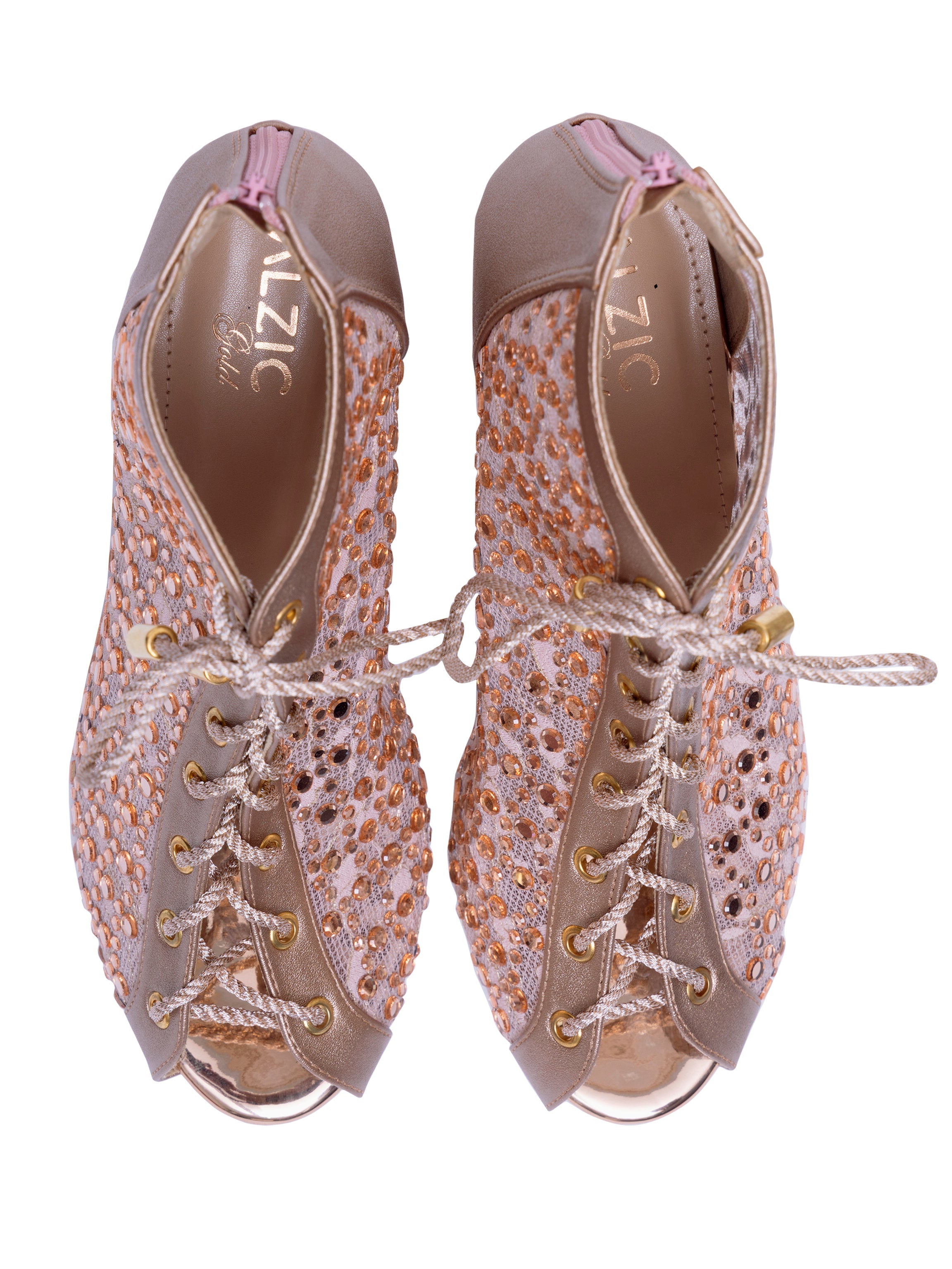 Luxe Mesh Rose Gold Lace-Up Block Heels