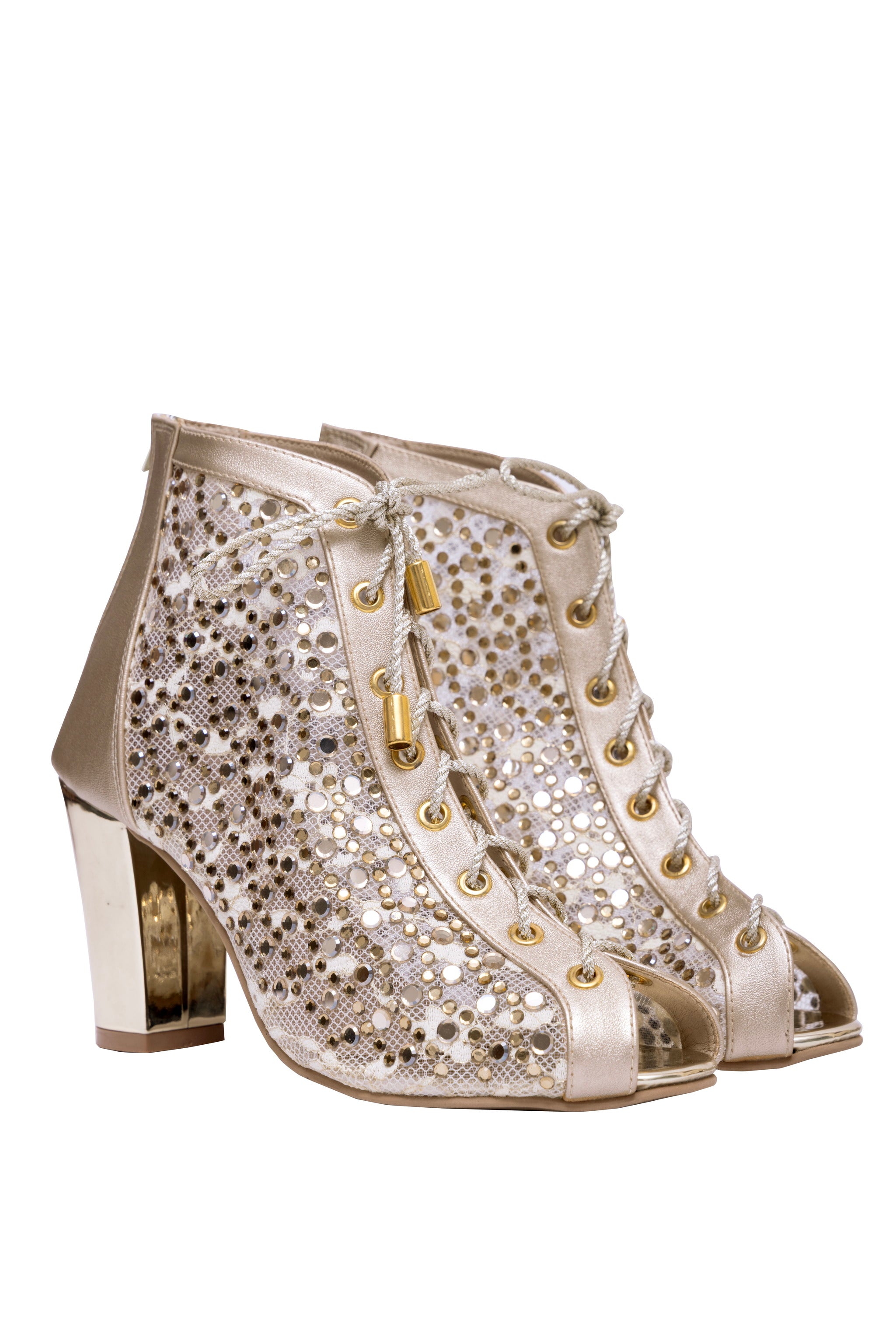 Luxe Mesh Golden Lace-Up Block Heels