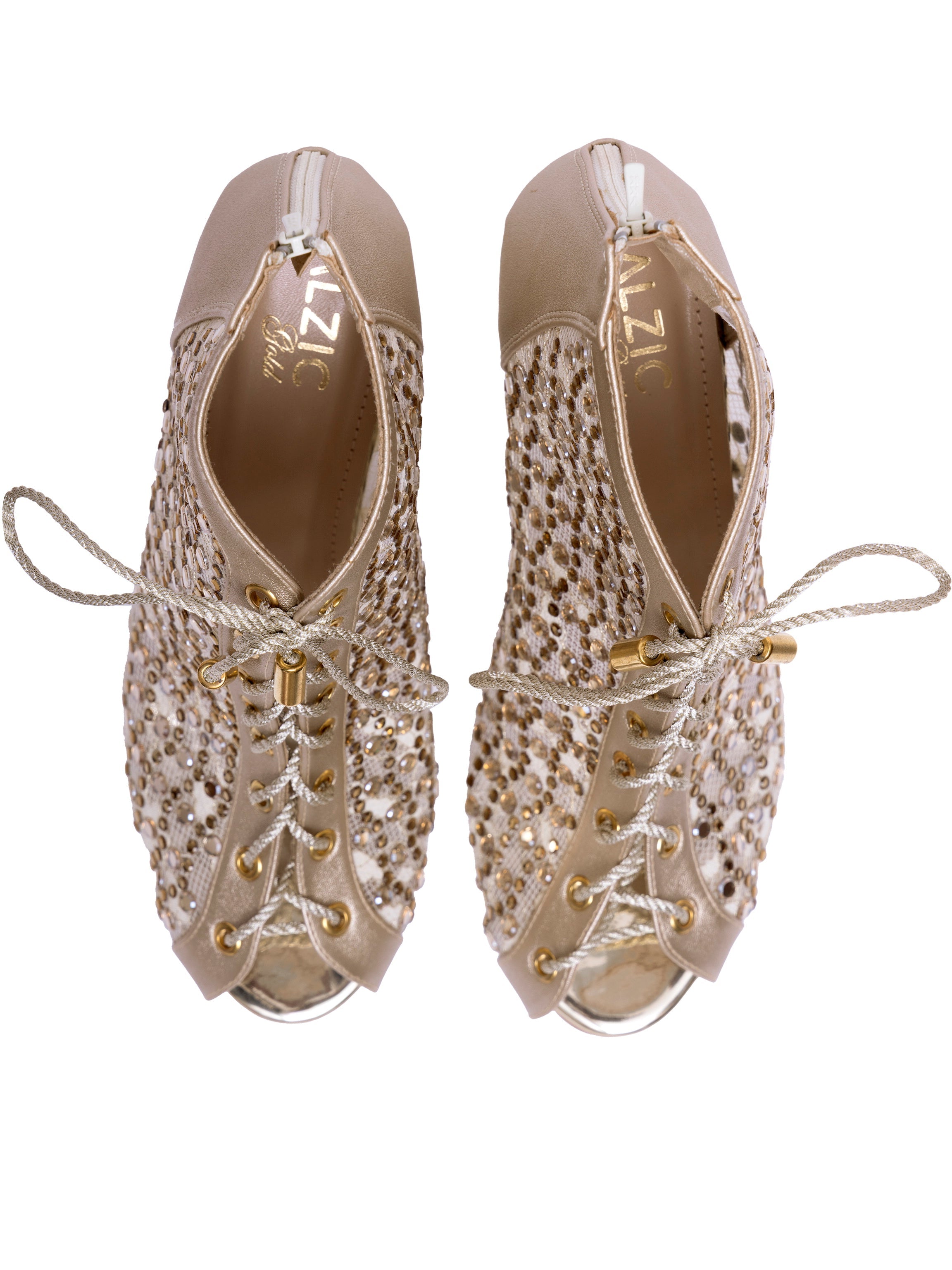 Luxe Mesh Golden Lace-Up Block Heels