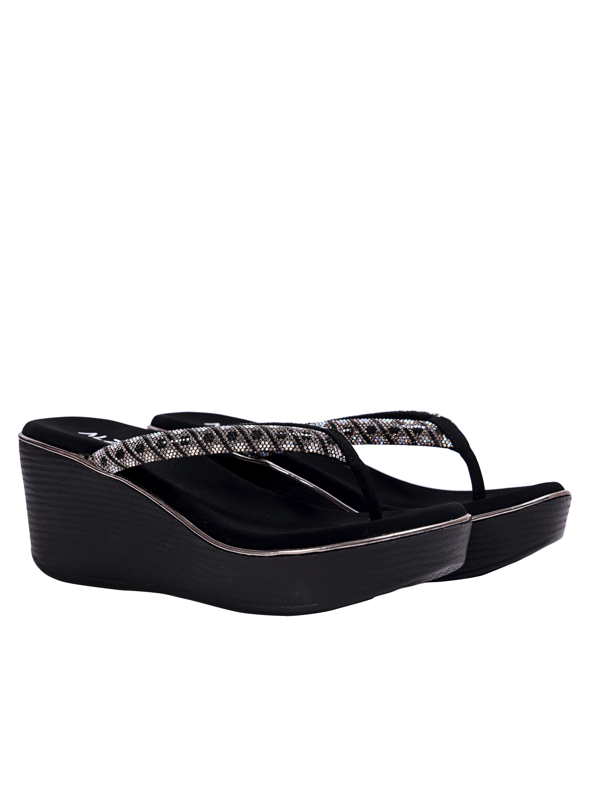 Black Sparkle Wedge Toe-Ring Sandals