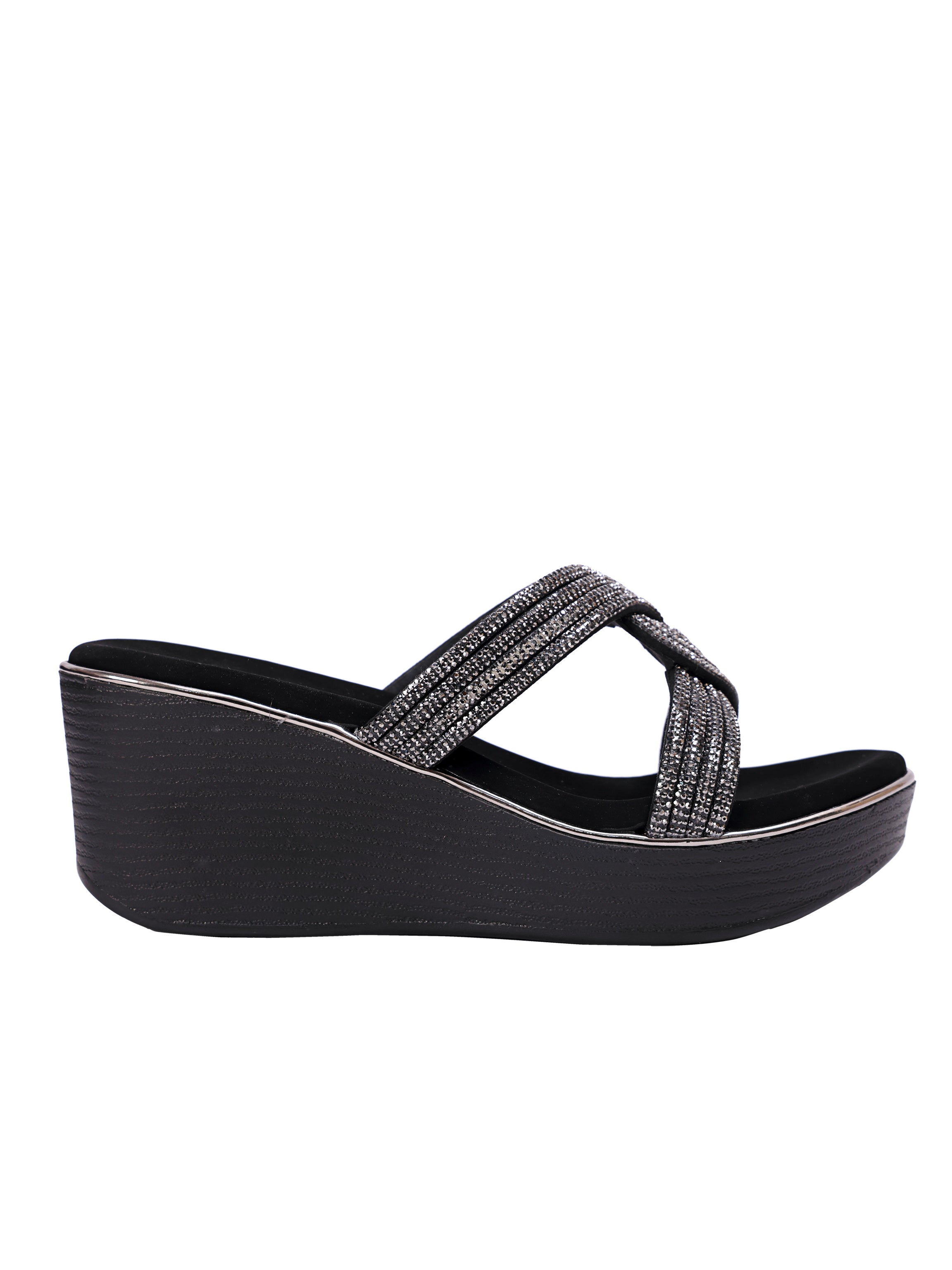 Starluxe Crystal Cross Black Wedge Heels