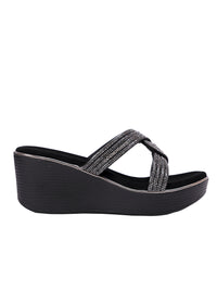 Starluxe Crystal Cross Black Wedge Heels