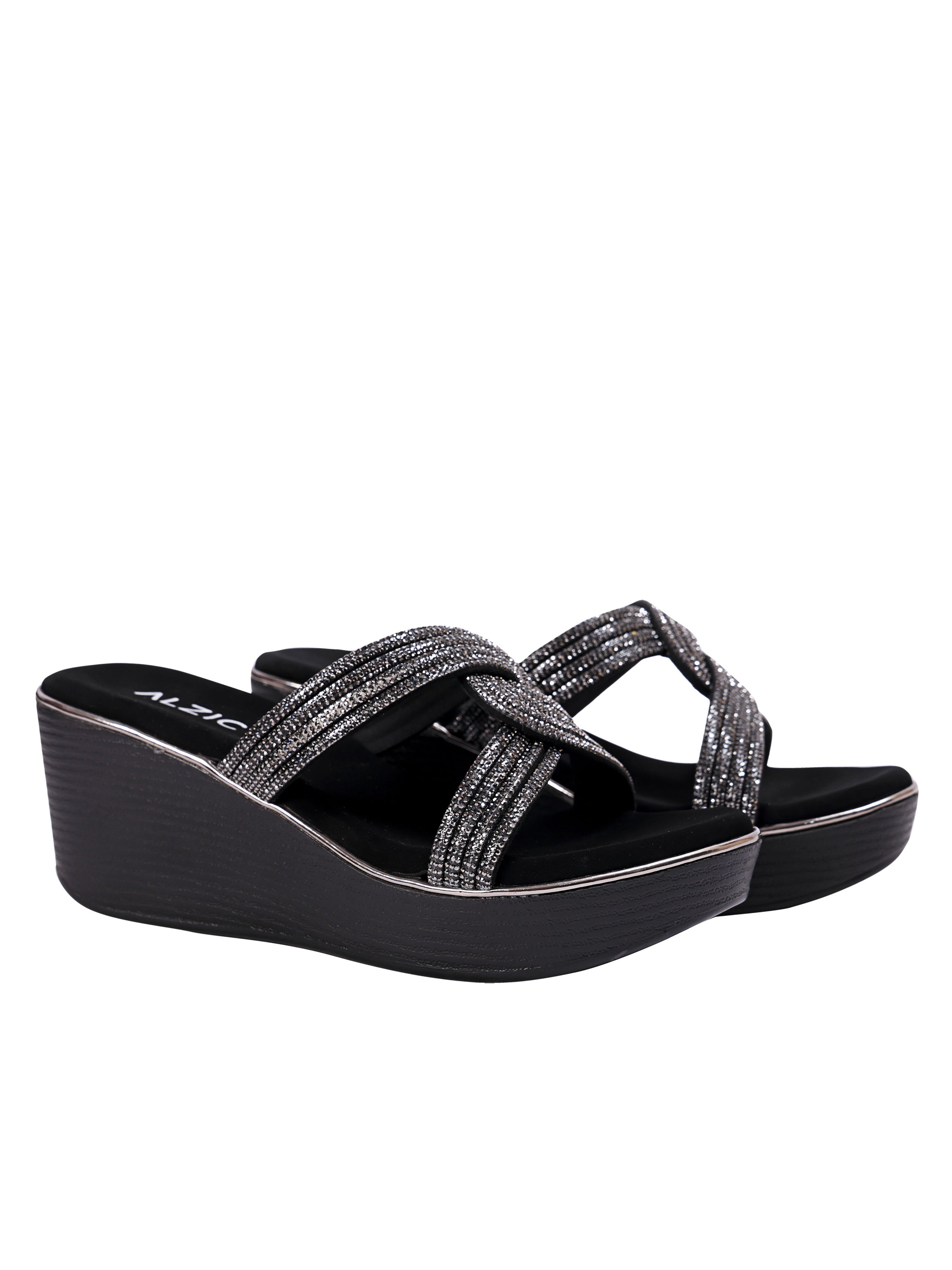 Starluxe Crystal Cross Black Wedge Heels