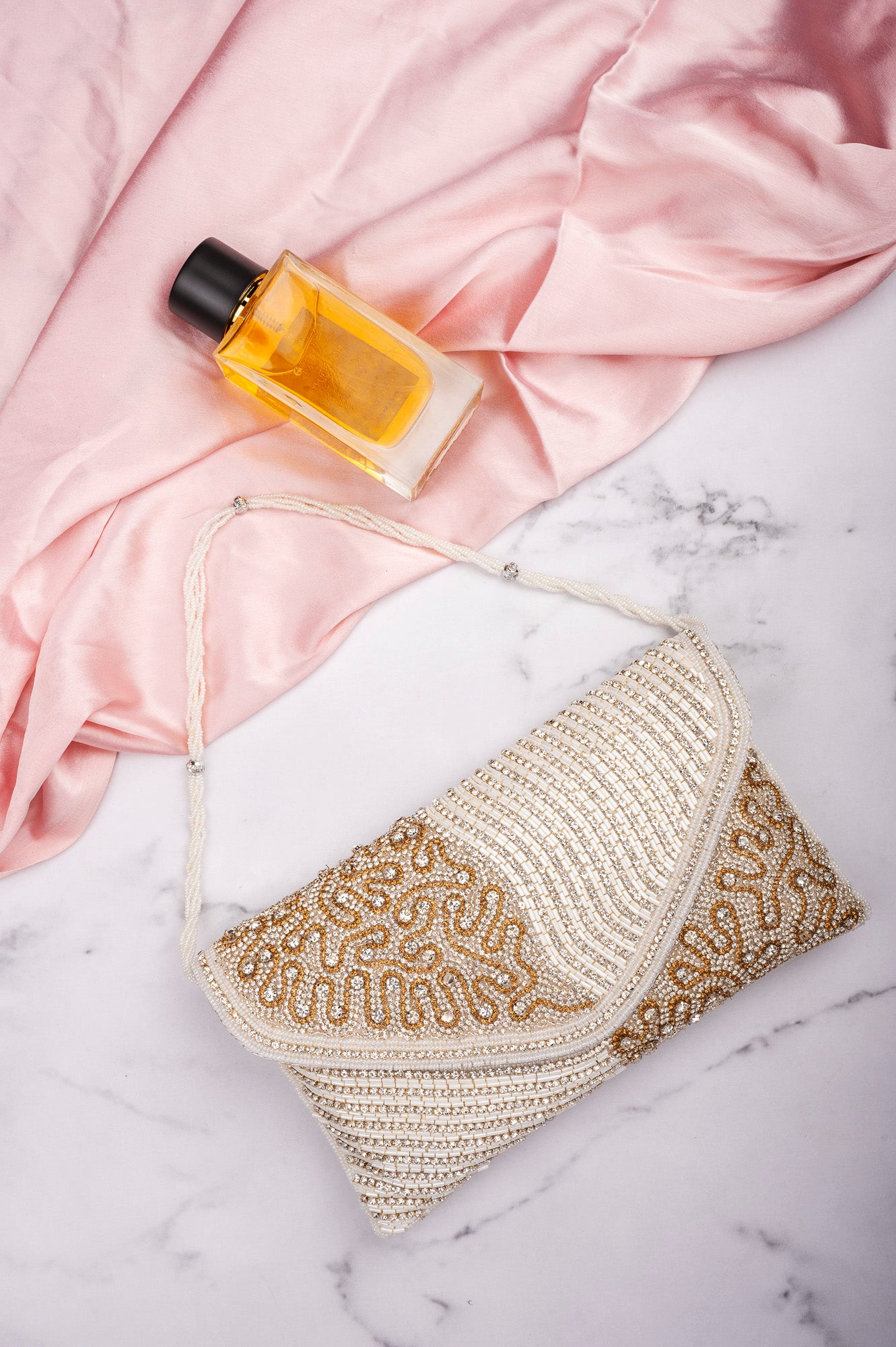 Elegant Hand-Beaded Clutch Purse – Gold & White Beaded Evening Bag with Detachable Strap