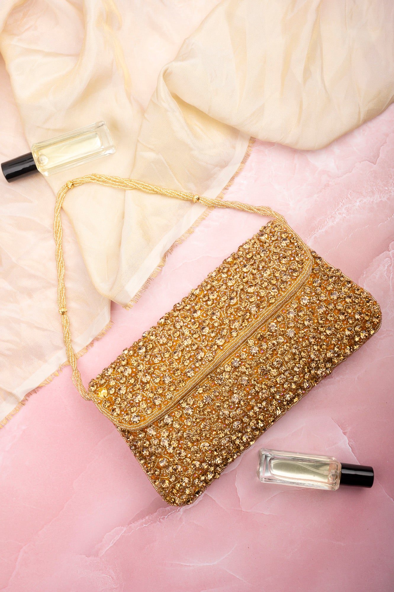 Elegant Gold Beaded Evening Clutch – Handcrafted Crystal Embellished Shoulder Bag