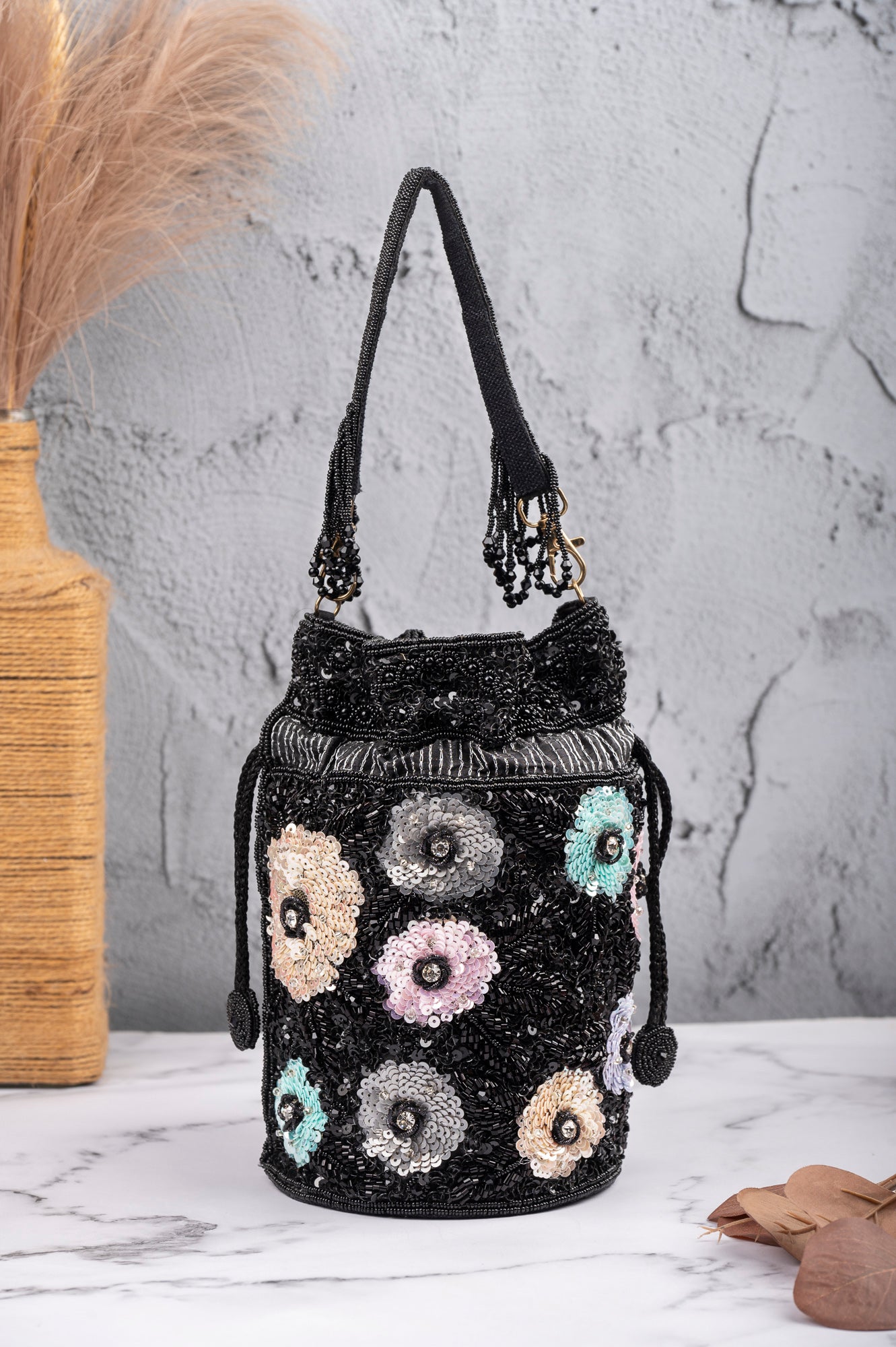Handcrafted Black Beaded Floral Bucket Bag – Sequin Embellished Drawstring Evening Purse