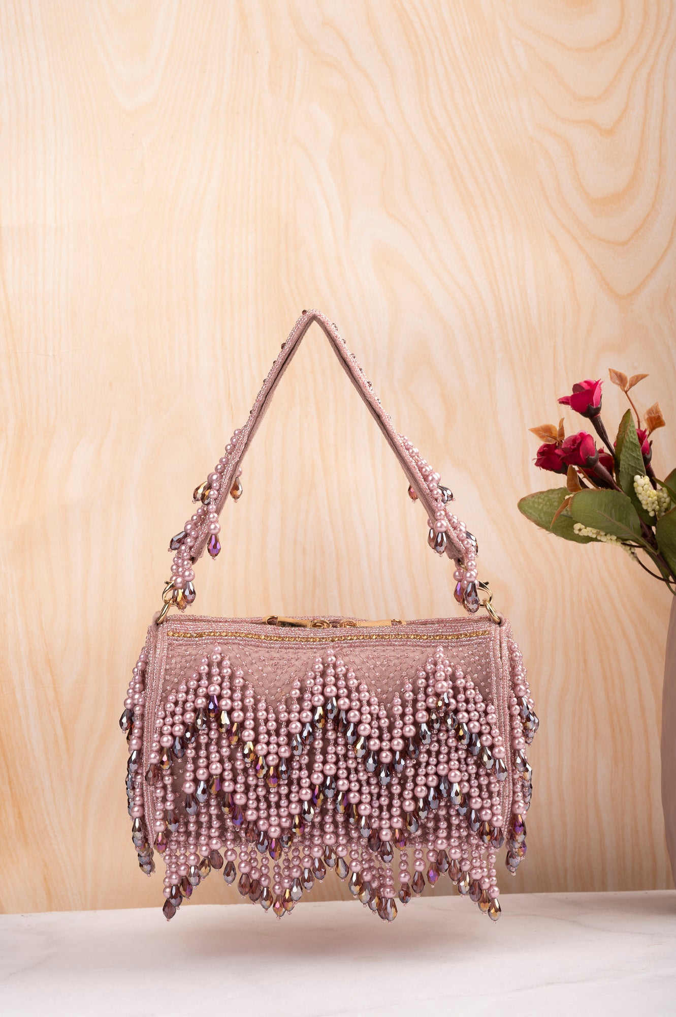 Luxurious Rose Gold Beaded Fringe Handbag – Handcrafted Pearl & Crystal Embellished Evening Purse