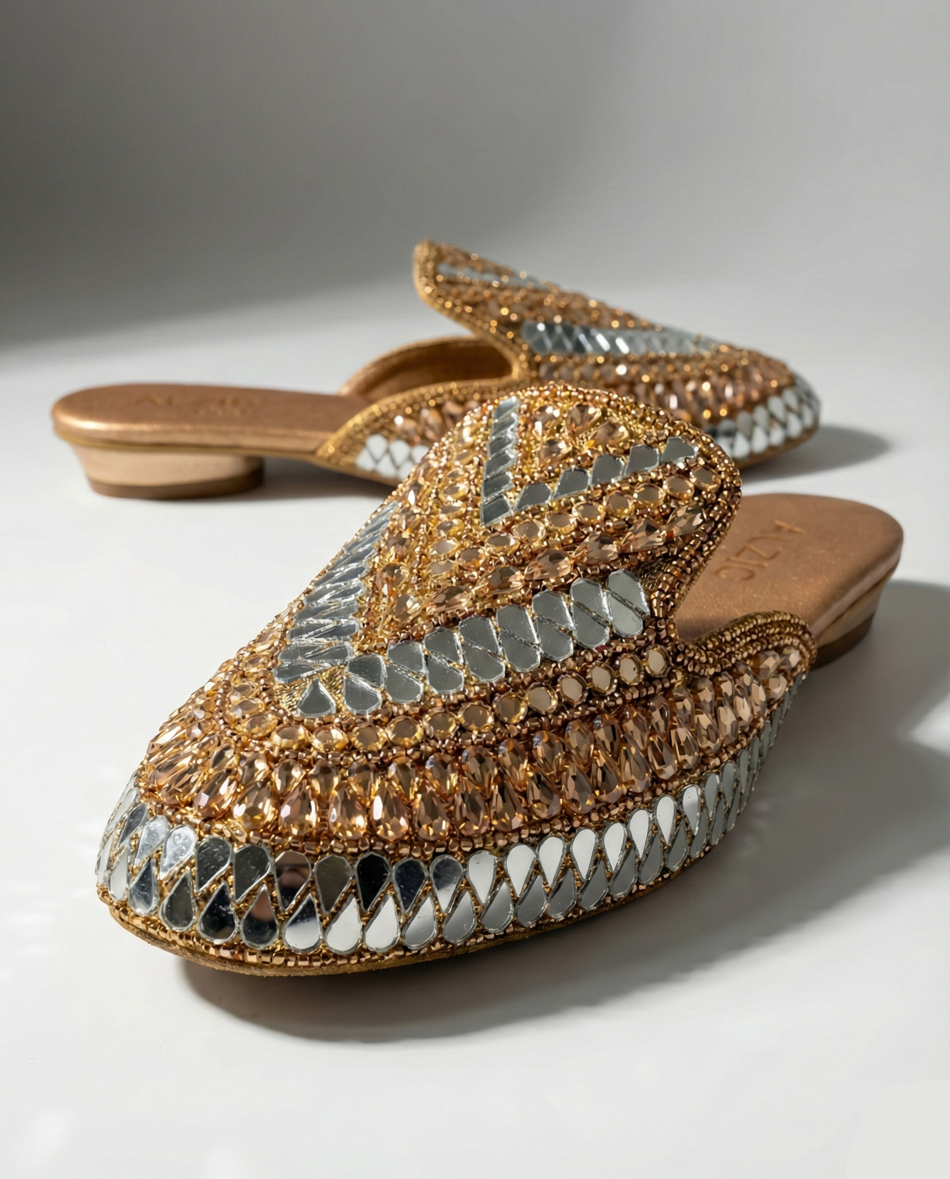 Rose Gold Mirror-Work Embellished Ethnic Slides