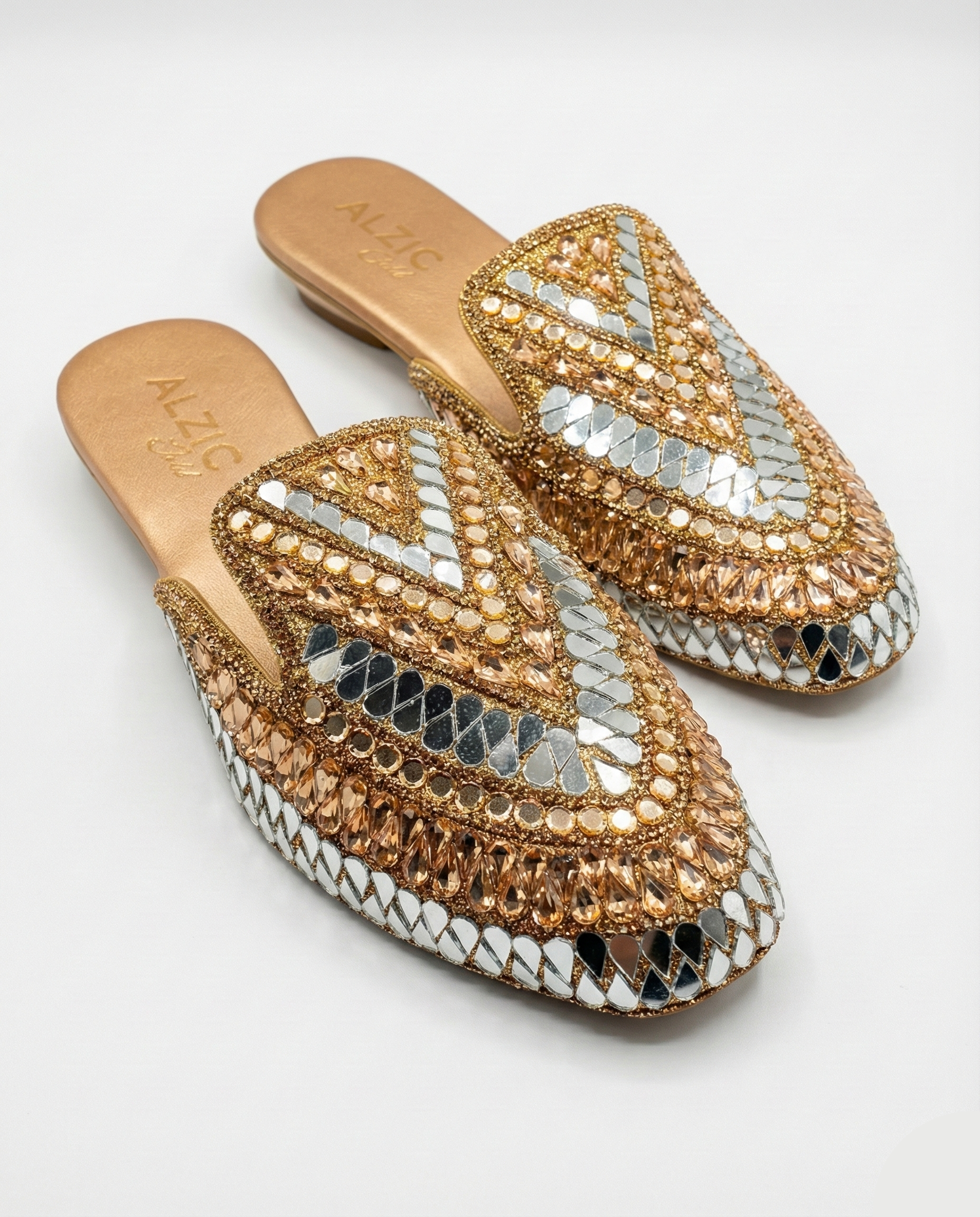 Rose Gold Mirror-Work Embellished Ethnic Slides