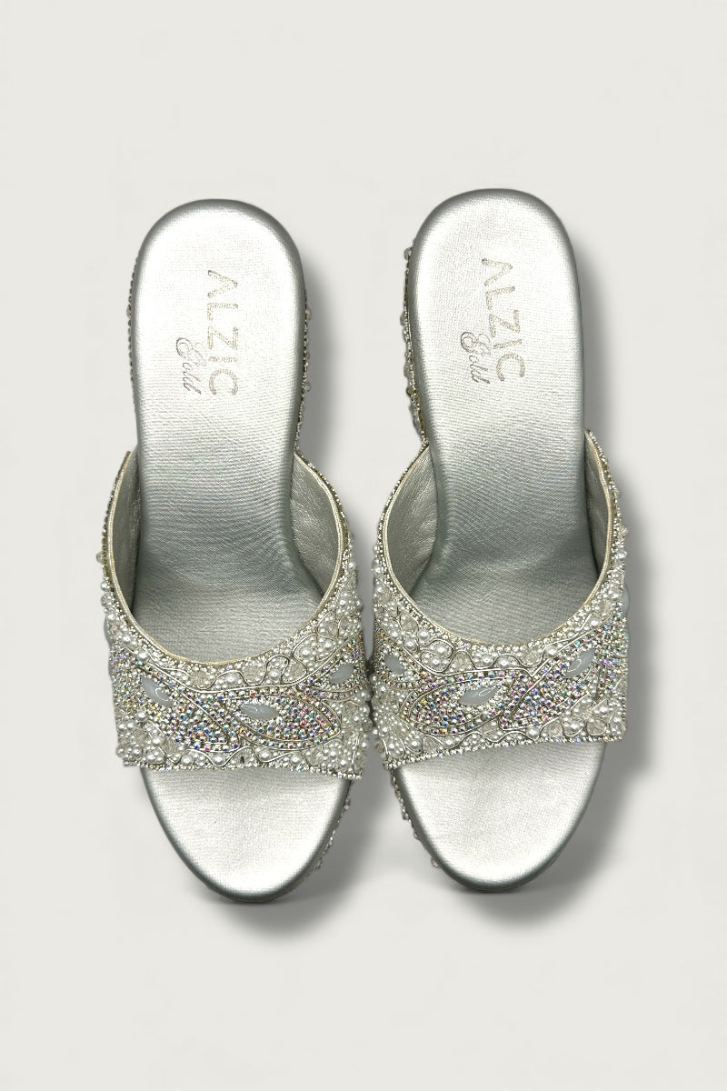 Luxury Pearl Embellished Silver Platform Heels