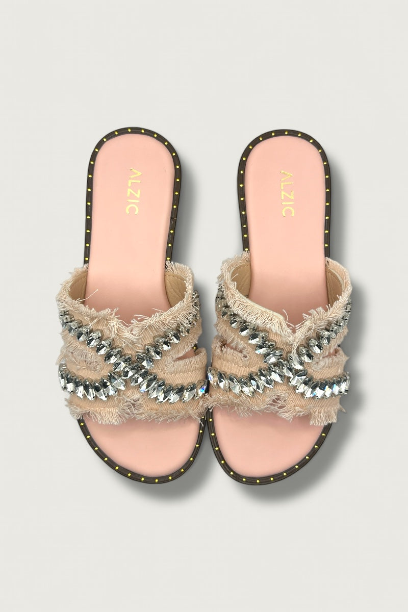 Crystal Peach Fringe Flats