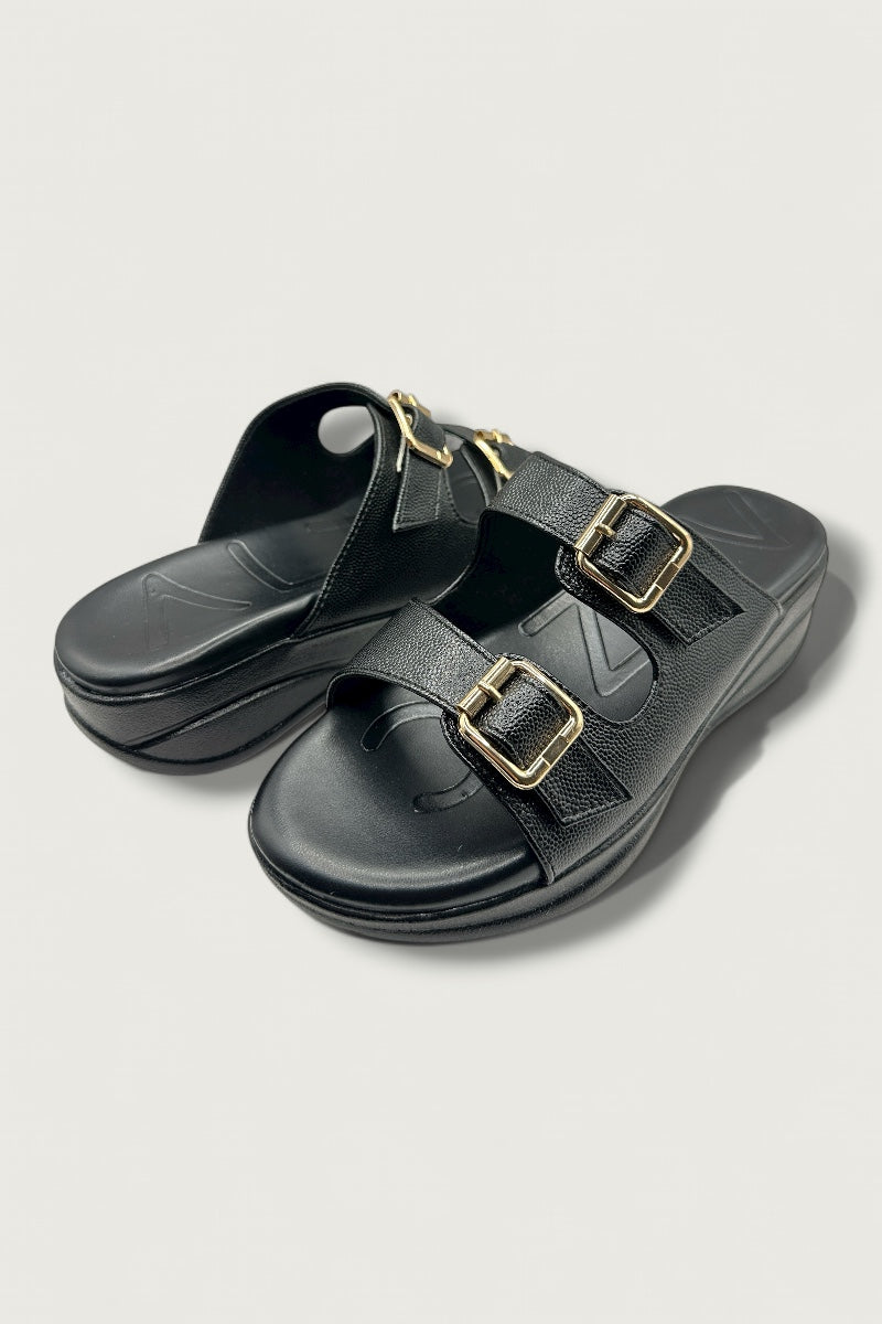 Bella Luxe Black Double-Buckle Comfort Slides